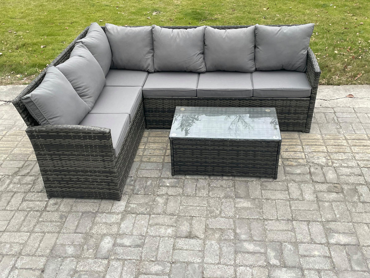 GARTENSET mit Couchtisch Polyrattan Dunkelgrau 6-Sitzer - Dunkelgrau/Grau, Glas/Kunststoff - Fimous