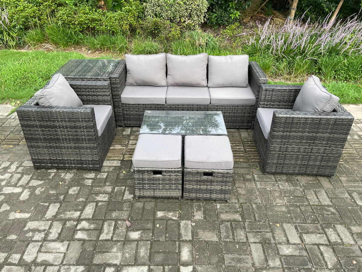 GARTENSOFA SET Polyrattan Dunkelgrau 7-Sitzer - Dunkelgrau, Metall - Fimous