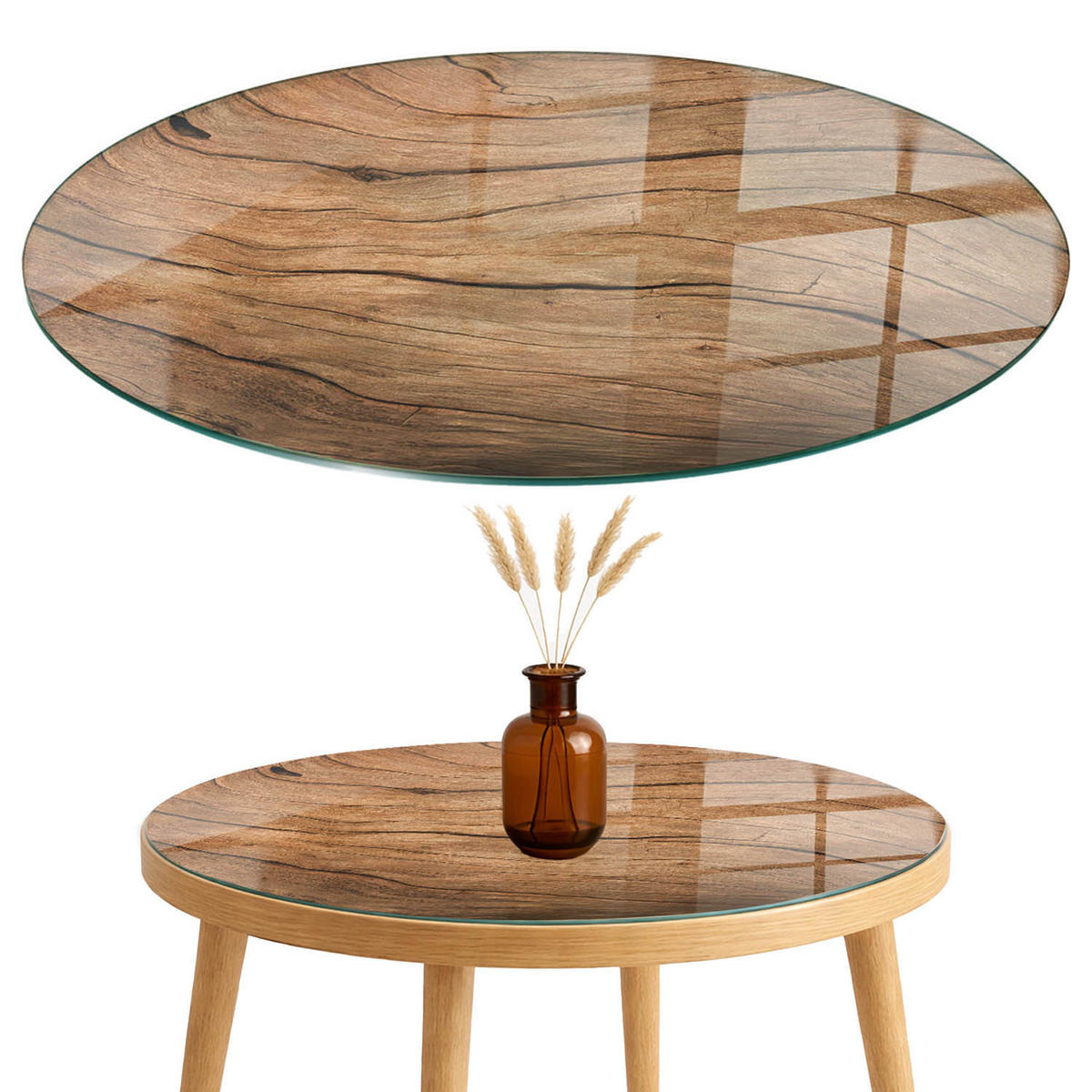 TISCHPLATTE fi90 cm Natürliche Holzmaserung - Braun, Glas (0.4/90/90cm) - TULUP