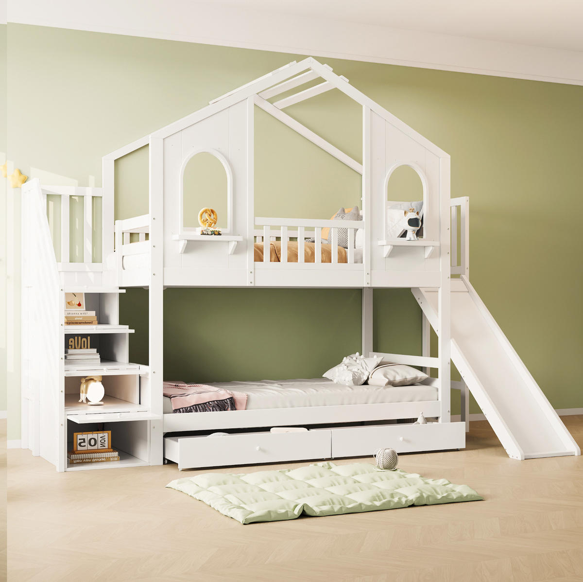 ETAGENBETT Hausförmig 90/200 cm, Weiß mit Rutsche und Stauraum - Weiß, Holz (90/200cm) - MIVRAY
