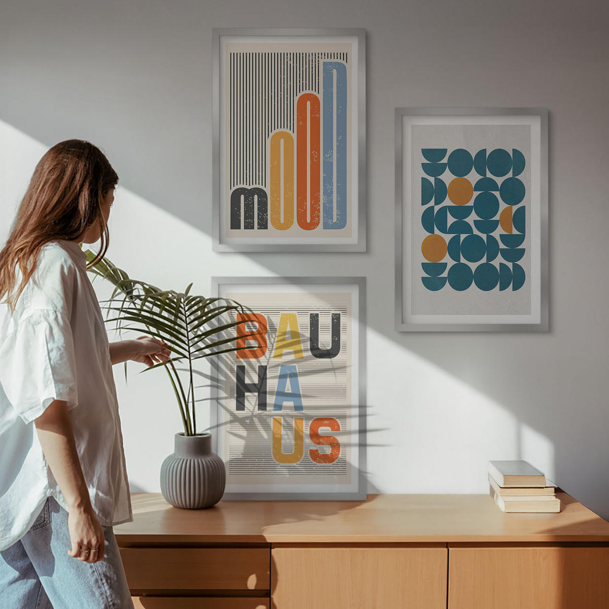 WANDBILDER 3er Set - 40x60 cm Silberner Rahmen - Geometrische Muster im Bauhaus-Stil - Silberfarben, Kunststoff (40/60cm) - ArtPrintCave