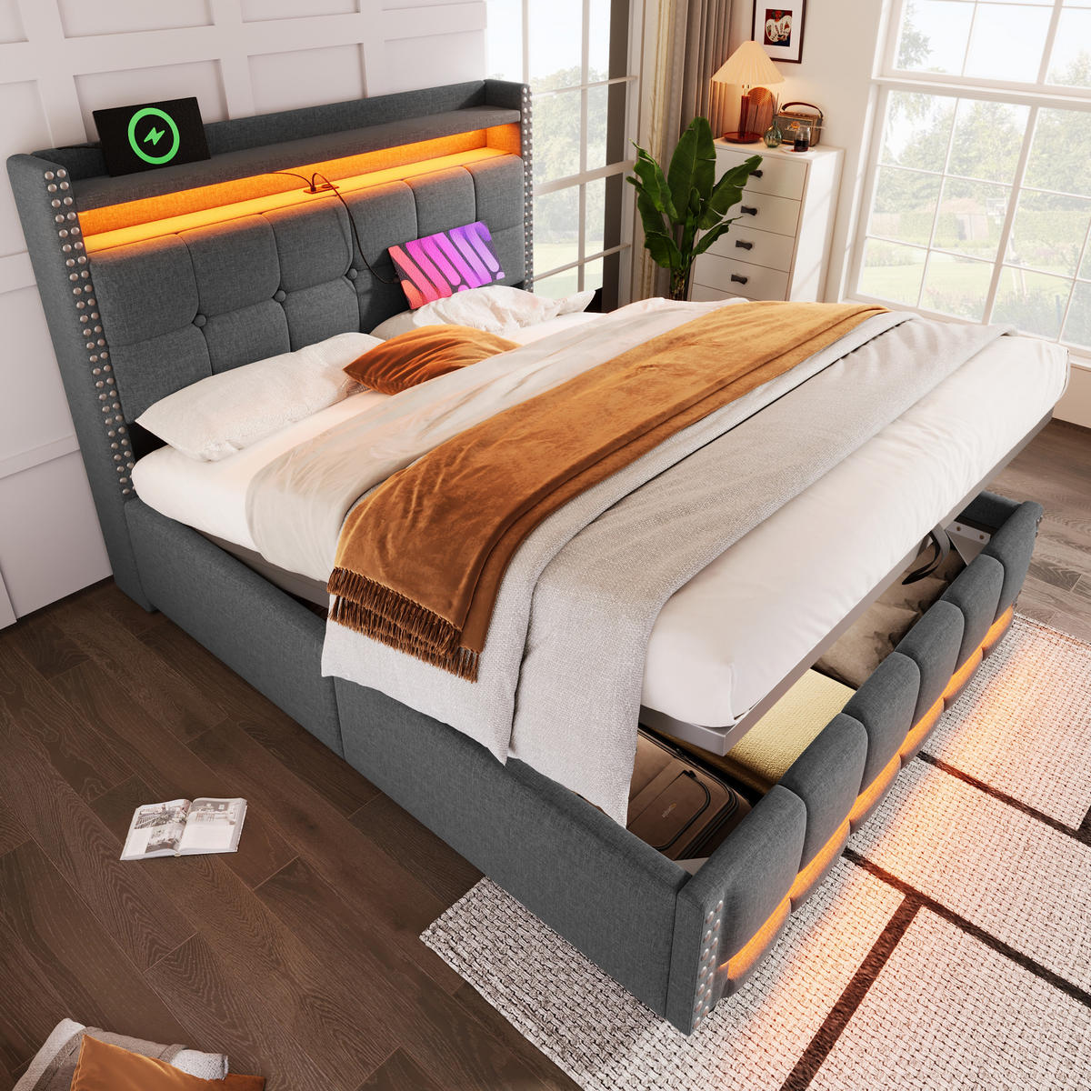 POLSTERBETT 160/200 cm Grau mit LED-Beleuchtung und USB-Steckdose - Grau, Textil (160/200cm) - OKWISH