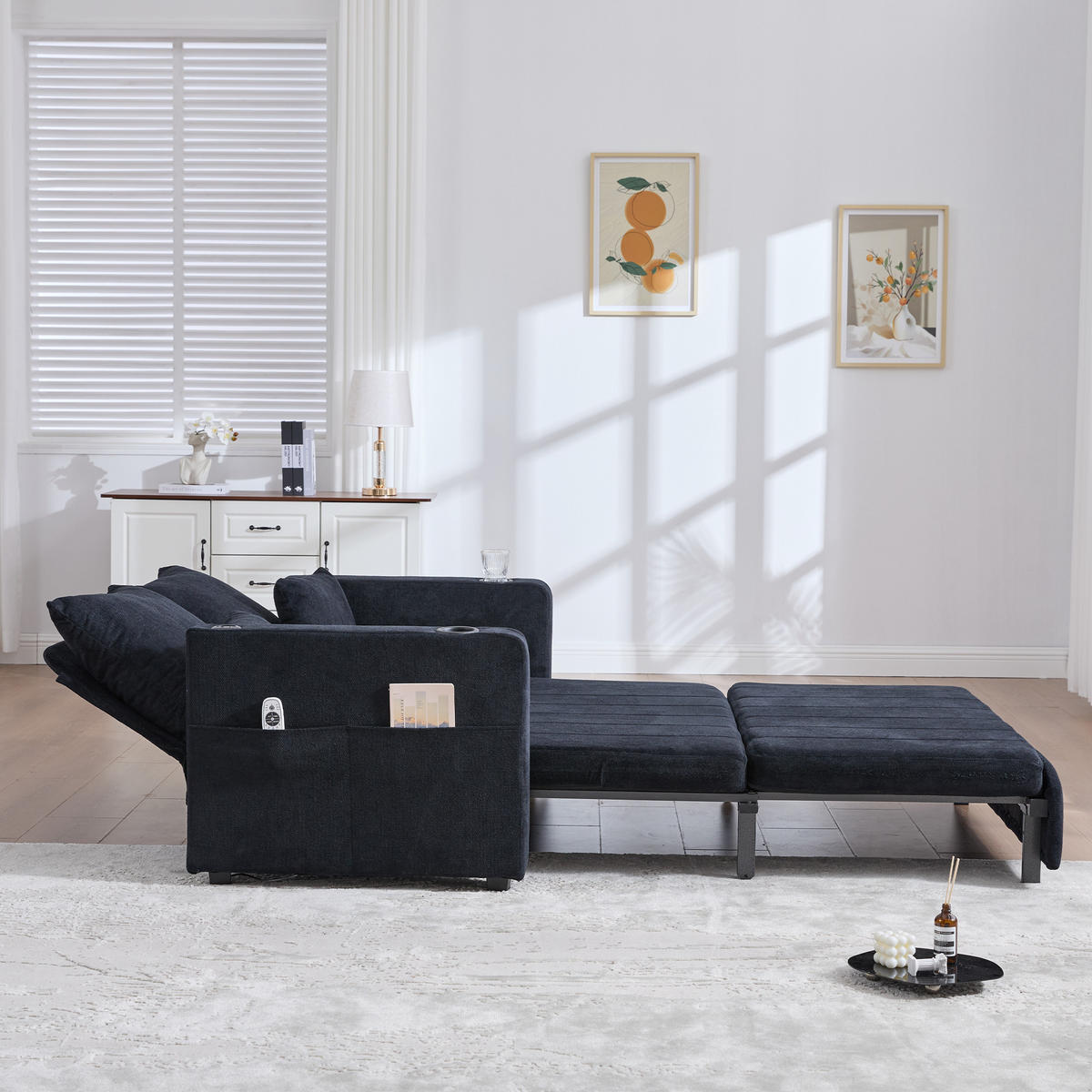 SCHLAFSOFA 139/73/83 cm Schwarz mit Aufbewahrungstaschen, USB-Ladefunktion und Getränkehalter - Schwarz, Textil (139/83/73cm) - Oxeza
