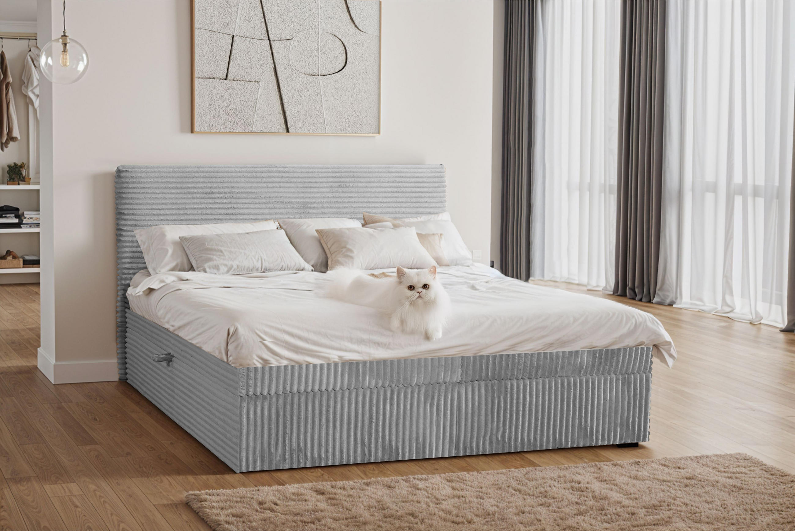 BOXBETT Bettkasten Und Topper TRENTO Ohne Bein Stoff Plüsch Cord 140x200 cm Grau H3-Bonell - Grau, Holz/Textil (140/200cm) - Kaiser Möbel