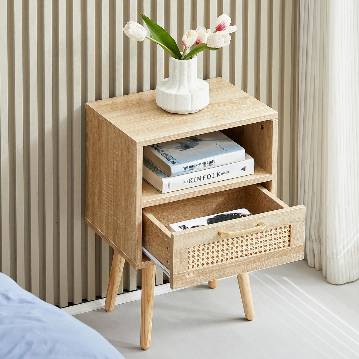 NACHTTISCH 30/40/55 cm natur aus MDF mit Rattanfront und Schublade - Hellbraun, Holzwerkstoff (30/55/40cm) - OKWISH