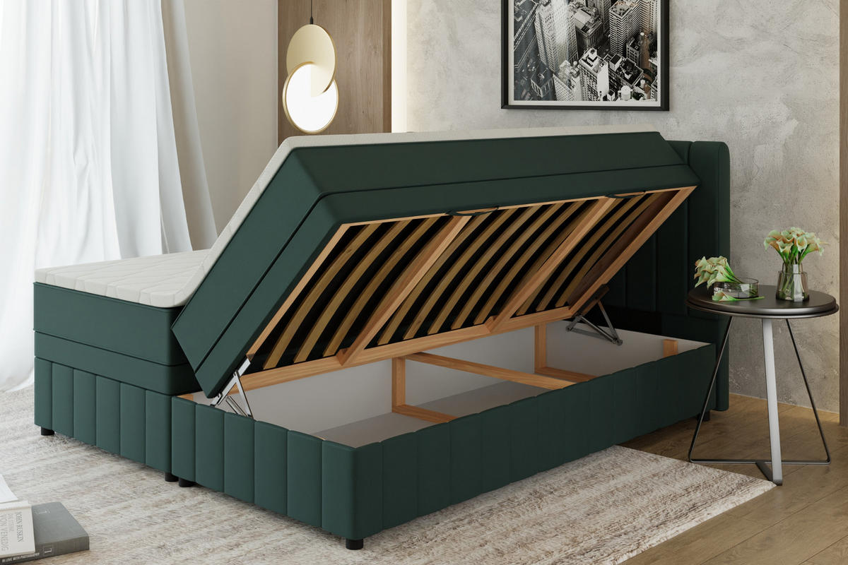 BOXBETT AVALON 180 x 200 cm mit Bettkasten und Topper - Dunkelgrün - Dunkelgrün, Holz - Panda Möbel