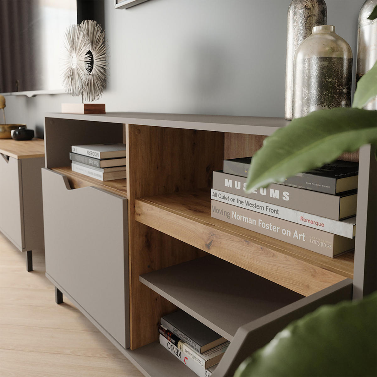 KREDENC Marelle Béžový dub/Artisan - světle šedá/šedobéžová, kompozitní dřevo (140/81.3/38cm) - Vicco