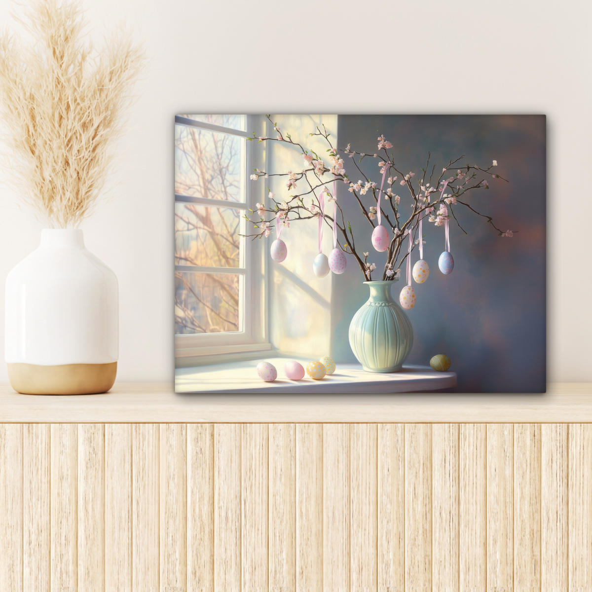 LEINWANDBILD Stillleben - Vase - Osterzweig Wandbild 40x30 cm - Hellblau, Textil (40/30cm) - MuchoWow