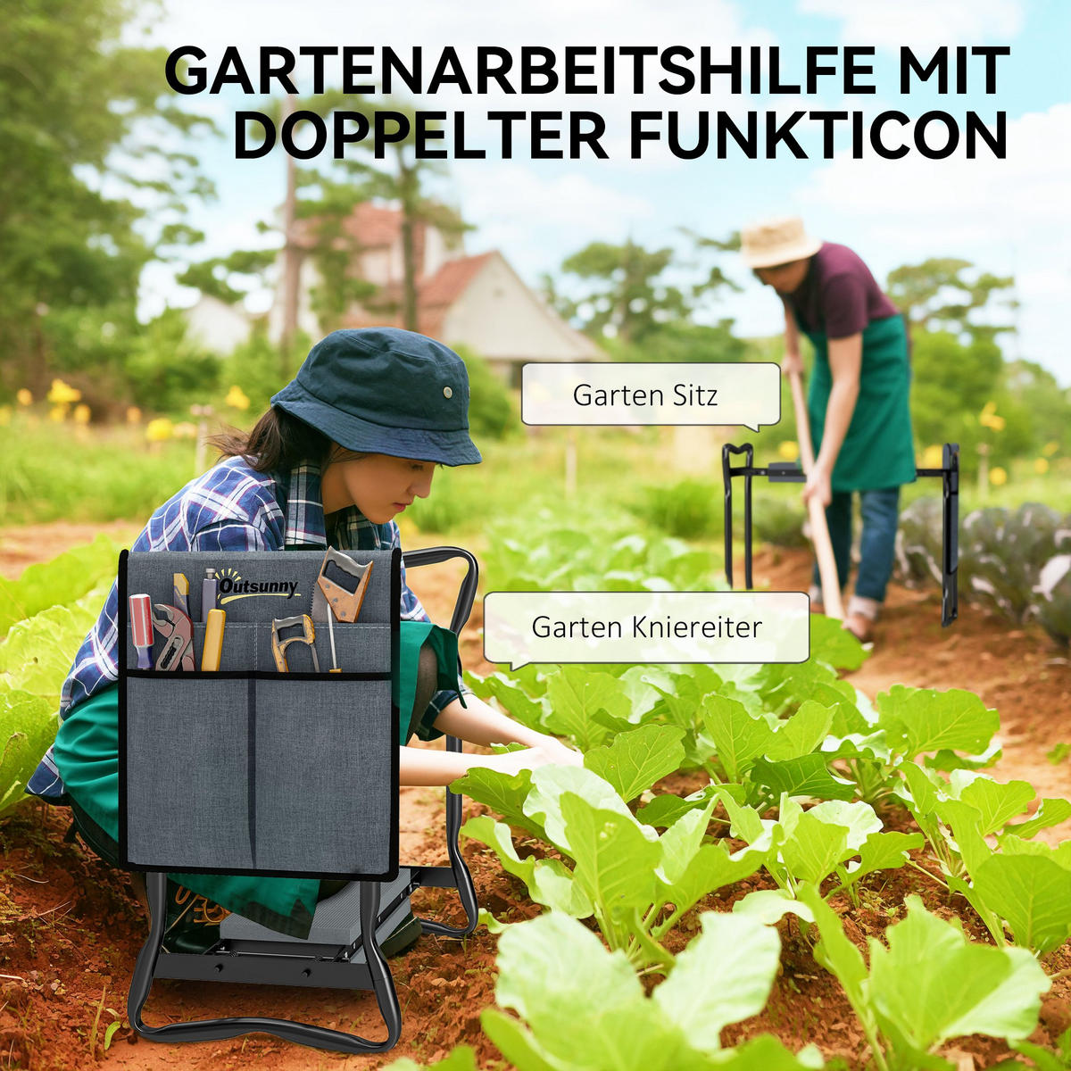 KNIEBANK für Gartenarbeit klappbar Gartenhocker mit Kniekissen Werkzeugtasche - Grau, Metall (28/49/58cm) - Outsunny