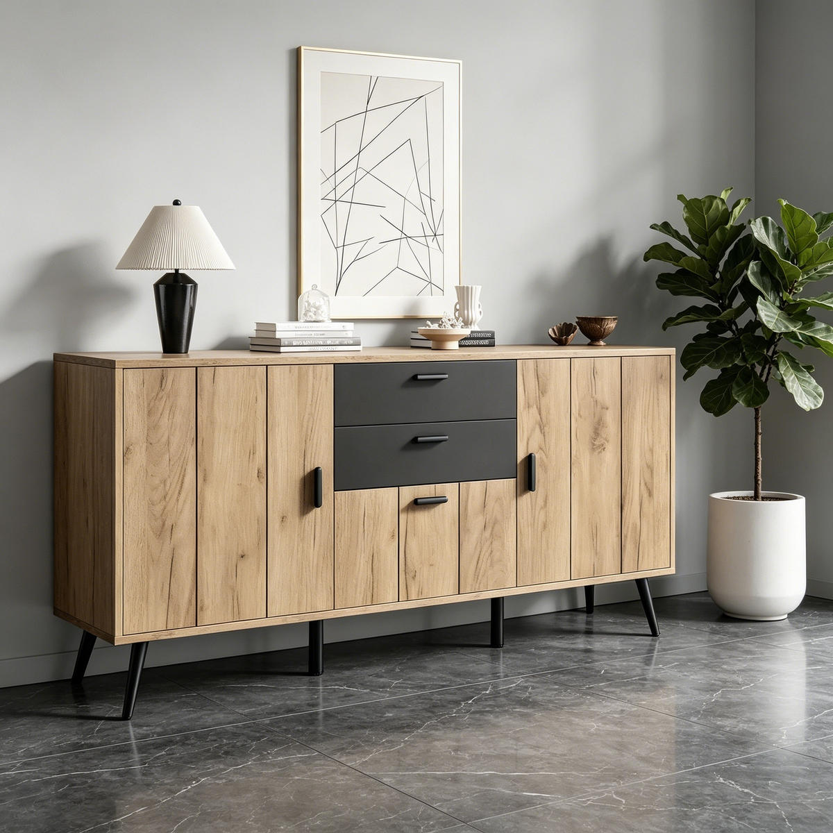 KUCHYŇSKÁ SKŘÍŇ v černé a přírodní barvě se 2 zásuvkami a 3 dvířky do obývacího pokoje, 140×35×67 cm - přírodní/černá, kompozitní dřevo (140/67/35cm) - STILVORA