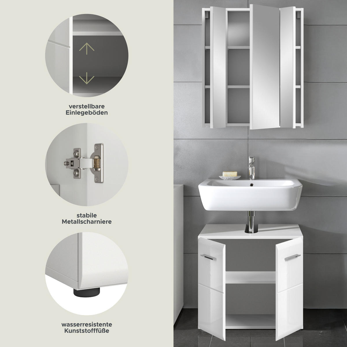 BADKOMBINATION Ice 60x185x30 cm weiß Hochglanz MDF 2tlg. - Weiß, Holz (60/185/30cm)