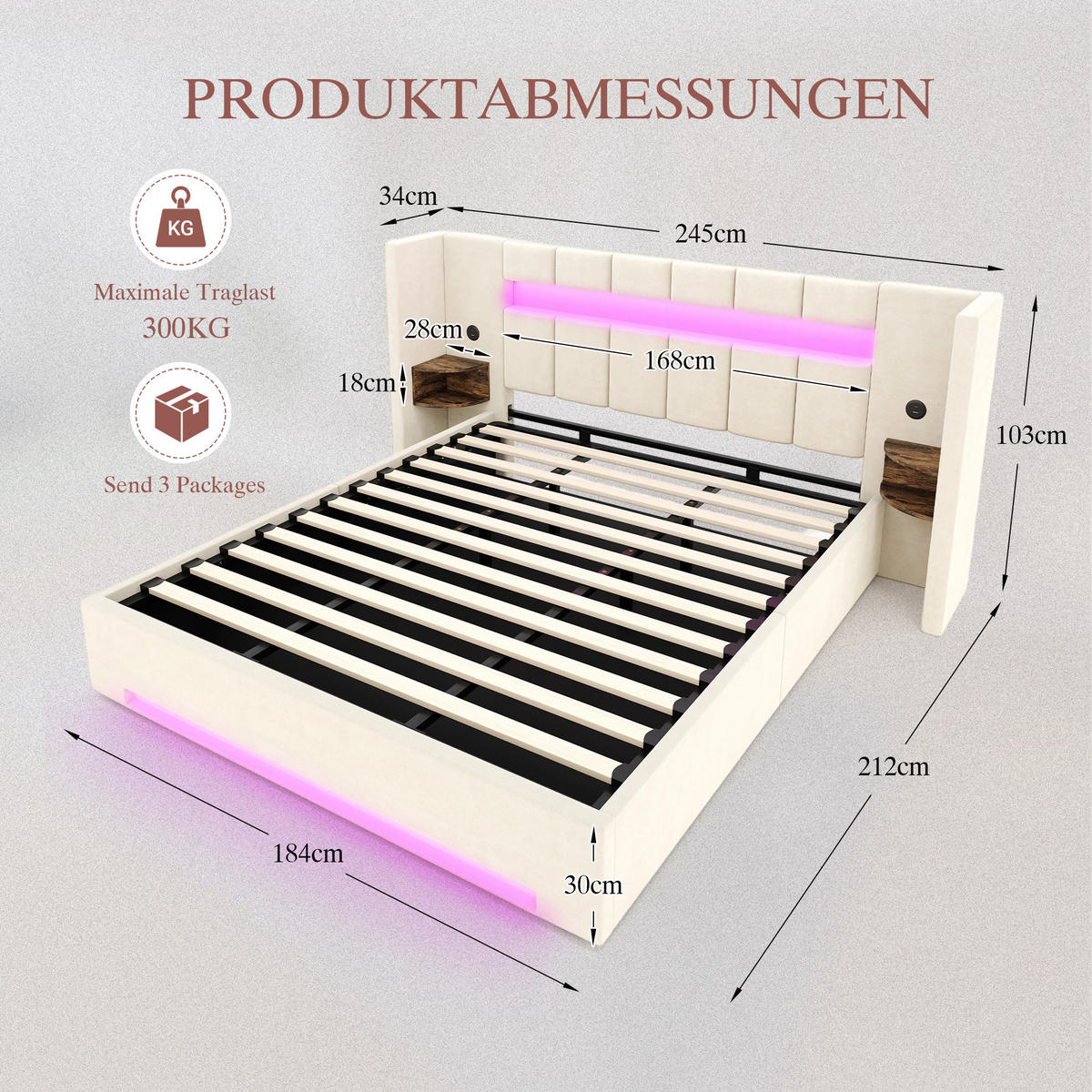 POLSTERBETT 180/200 cm Beige mit 2 USB und LED-Licht - Beige, Textil (180/200cm) - Oxeza