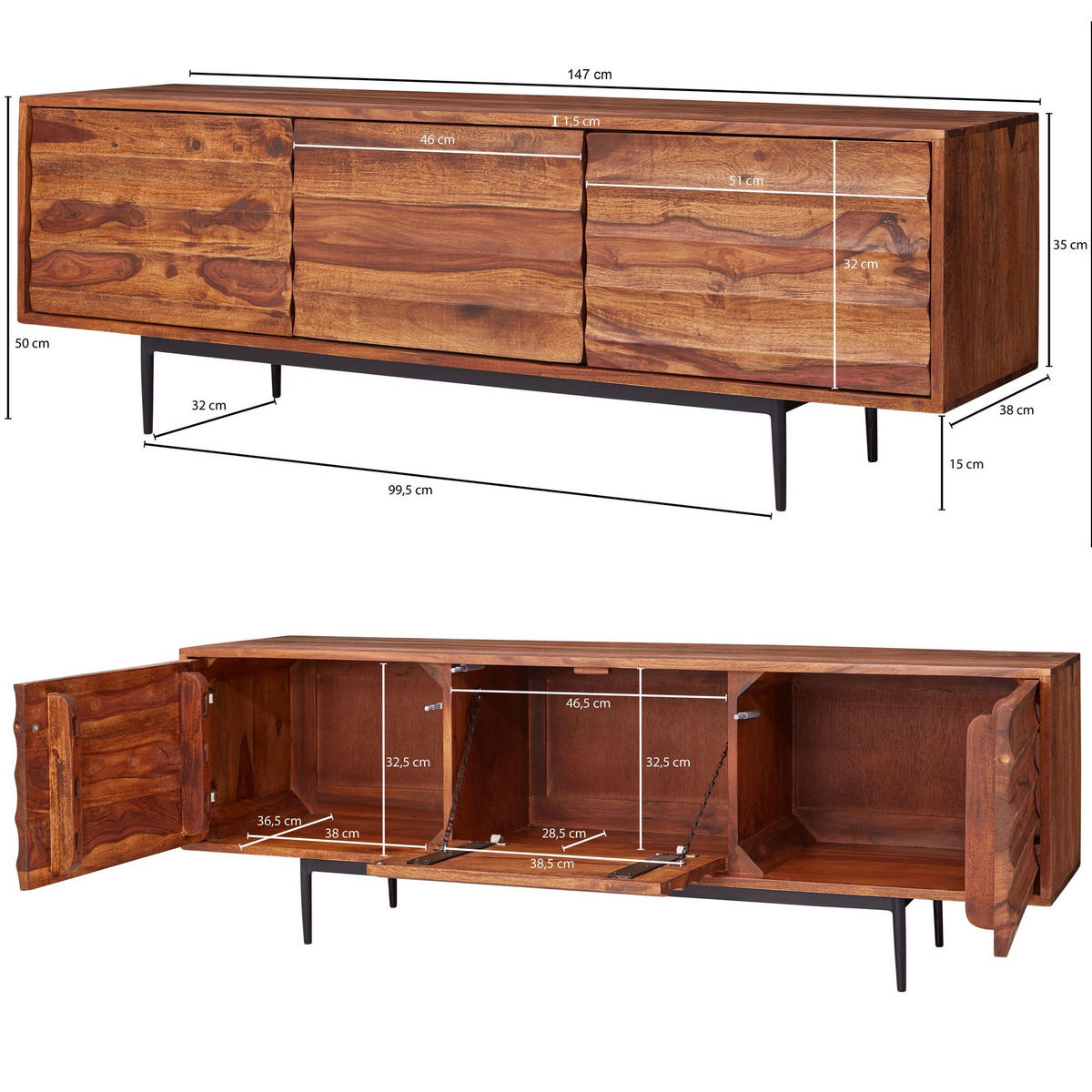 LOWBOARD Mango Massivholz Metall Industrial Stil für Fernseher bis 55 Zoll - Schwarz/Braun, Holz/Metall (147/50/38cm) - KADIMA DESIGN