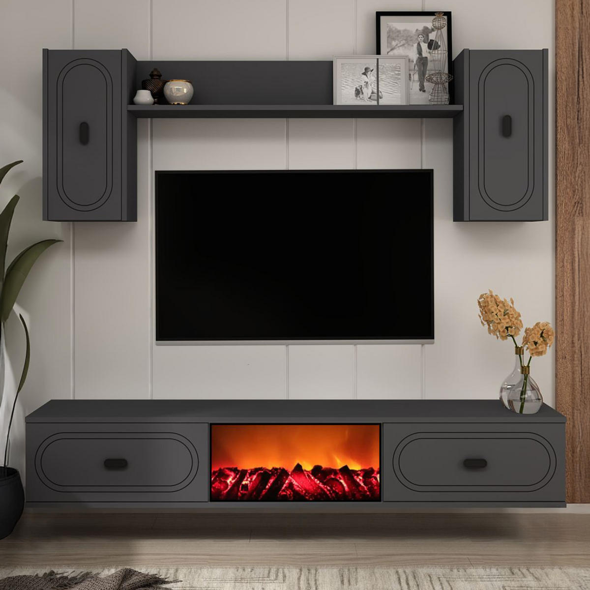 TV-MÖBEL-SET Vibra anthrazit 150 cm im zeitgenössischen Stil mit LED-Kamin - Grau, Holz (150/29/44cm) - Concept Usine