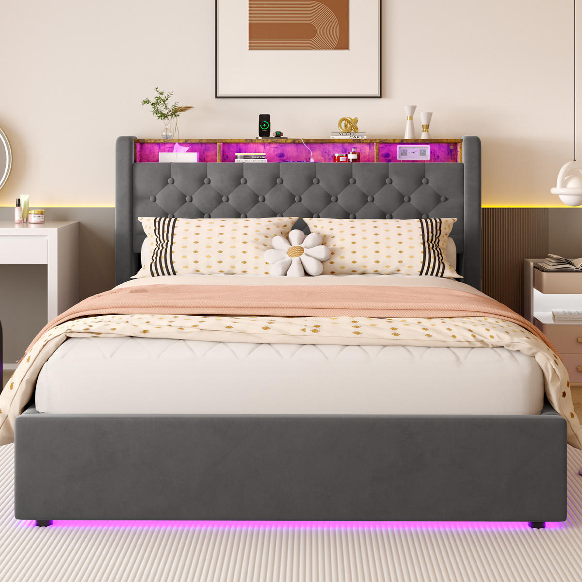 POLSTERBETT 140/200 cm in Grau, mit Bettkasten, LED und USB, ohne Matratze - Grau, Holzwerkstoff/Textil (140/200cm) - WISHDOR