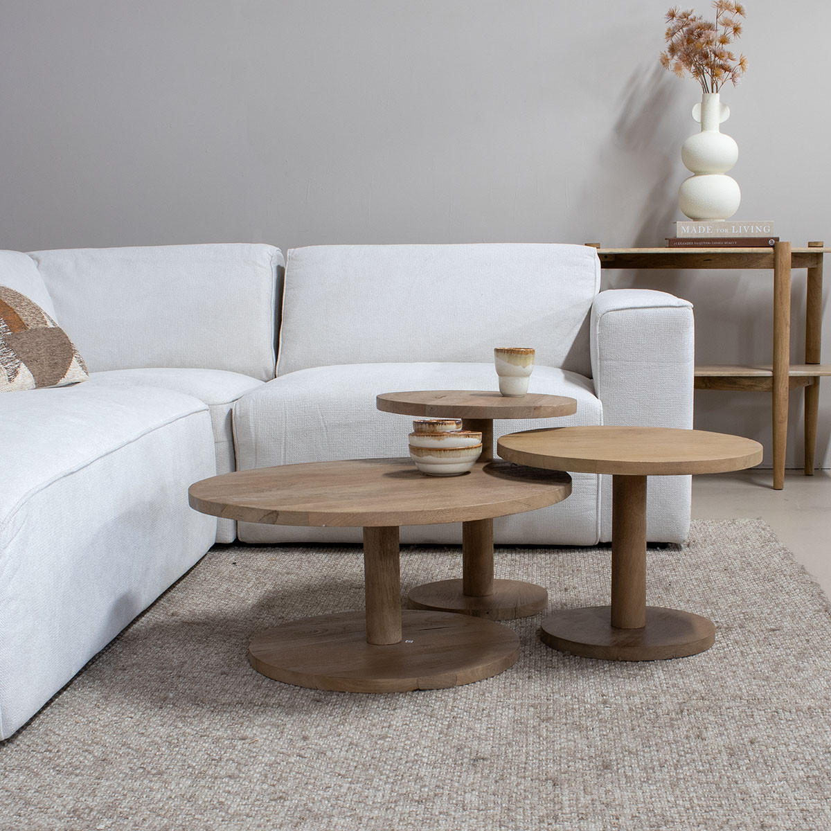 COUCHTISCH rund 3er Set aus Mangoholz Ø70/50/42cm, natürlich - Braun, Holz (70/70/38cm) - Giga Meubel