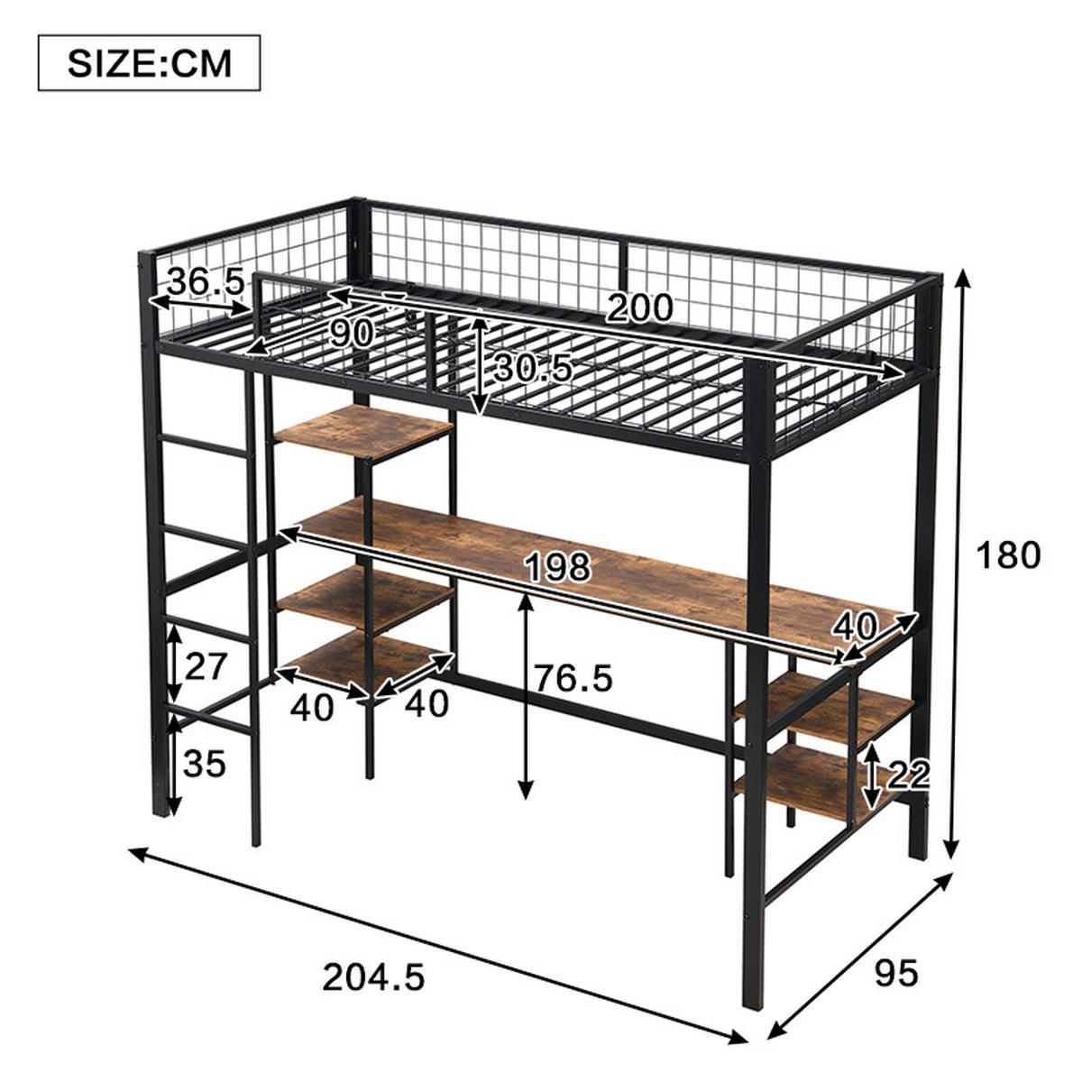 ETAGENBETT 90/200 cm in Schwarz & Dunkler Holzfarbe mit Tisch und Regal aus Metall & Holzwerkstoff - Schwarz, Holzwerkstoff/Metall (90/200cm) - CHICFURN