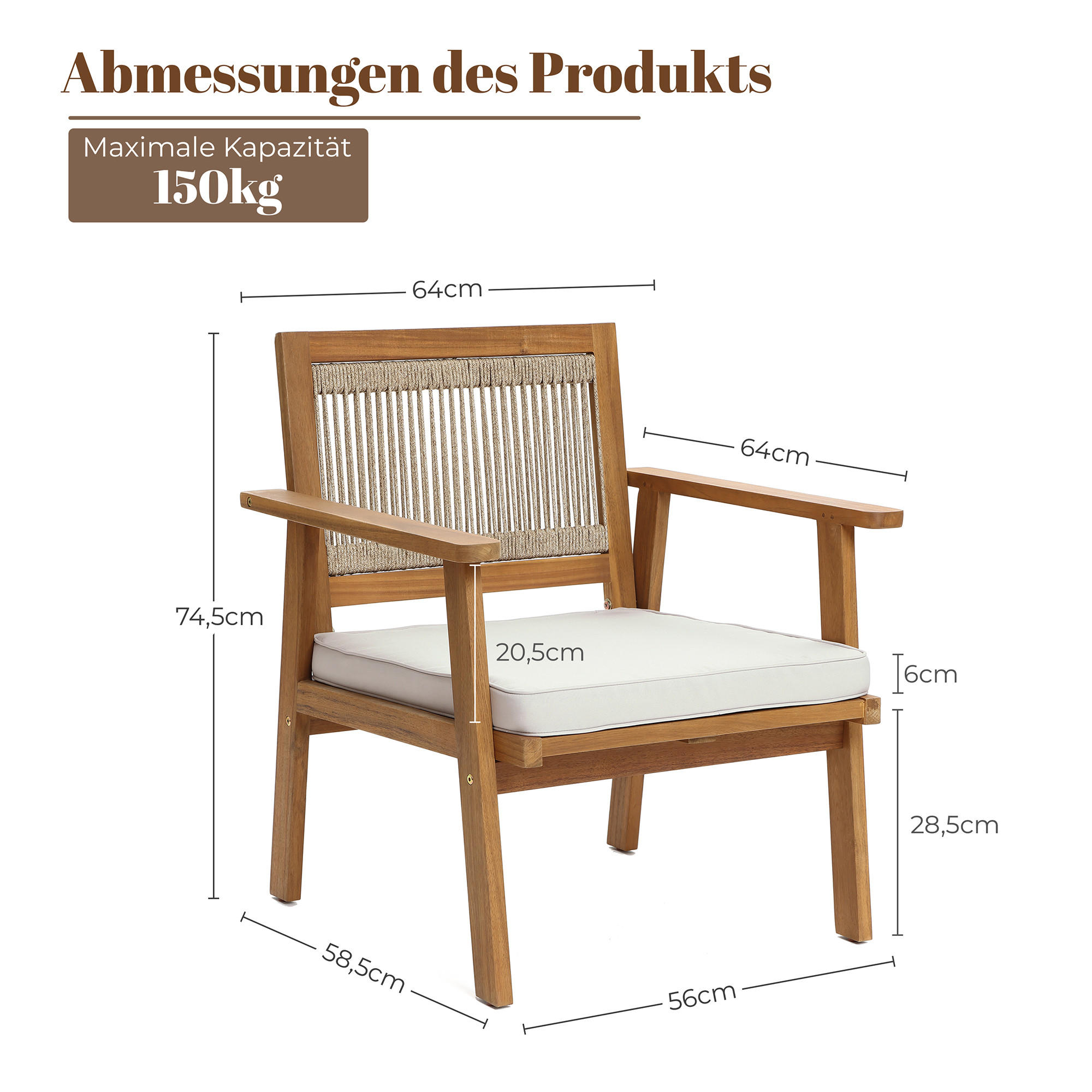 2ER-SET Outdoor Armlehnstühle 75cm - Akaziefarben, Holz (64/74.5/64cm) - Hometopia