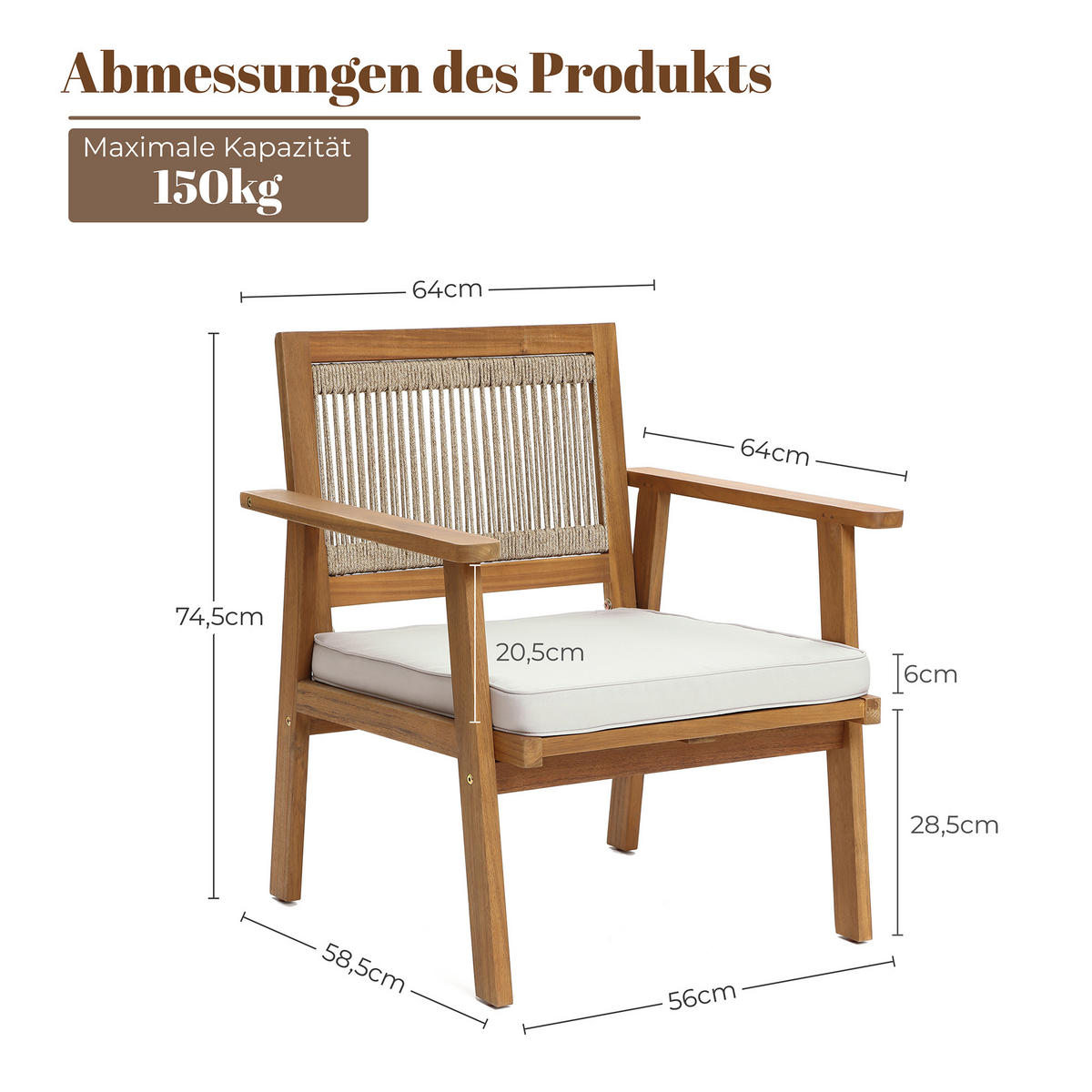 75CM Outdoor-Armlehnstühle aus Akazienholz mit Seilrückenlehne und Kissen, 2er-Set - Akaziefarben, Holz (64/74.5/64cm) - Hometopia