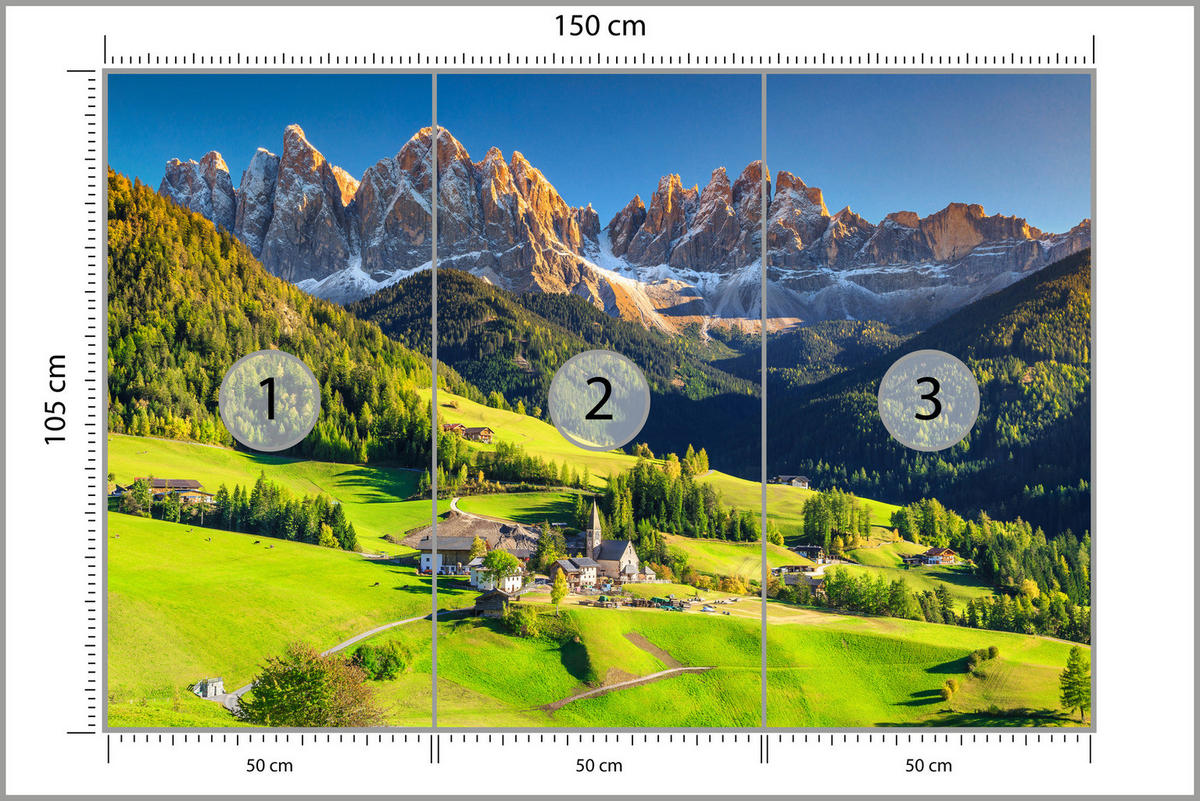 FOTOTAPETE Berge Bäume Natur Landschaft 3D 150x105 - Blau/Gelb, Papier (150/105cm) - Muralo