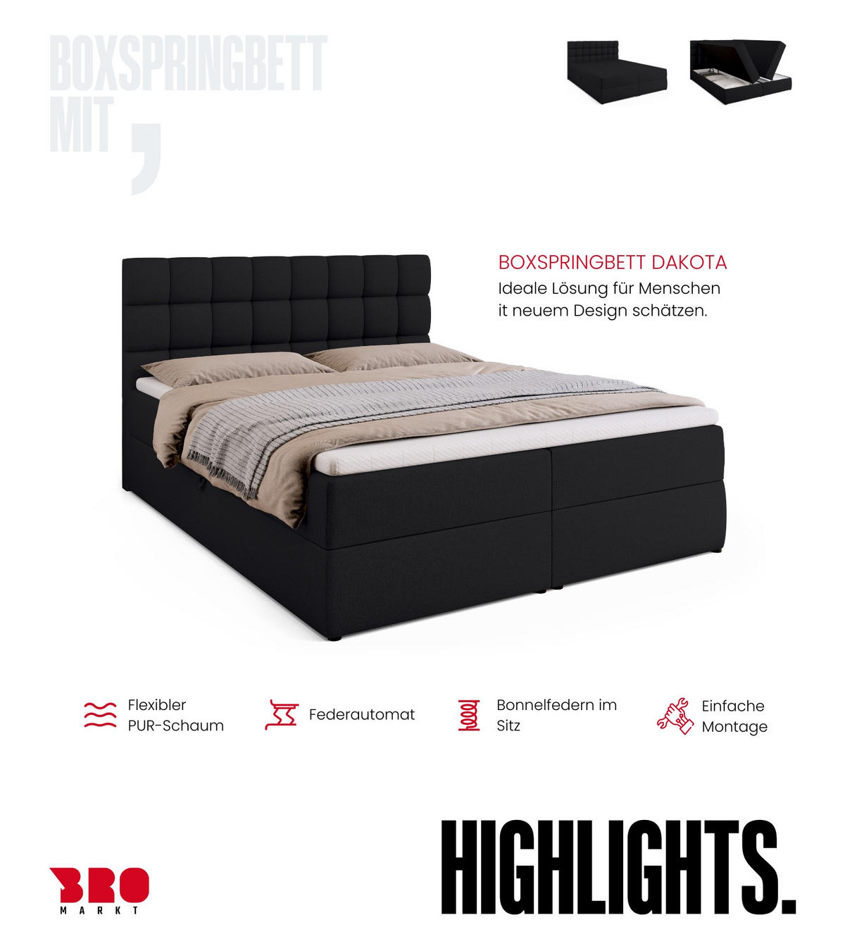 BOXBETT Dakota mit Topper 160/200 Schwarz - Schwarz, Textil (160/200cm) - Bromarkt