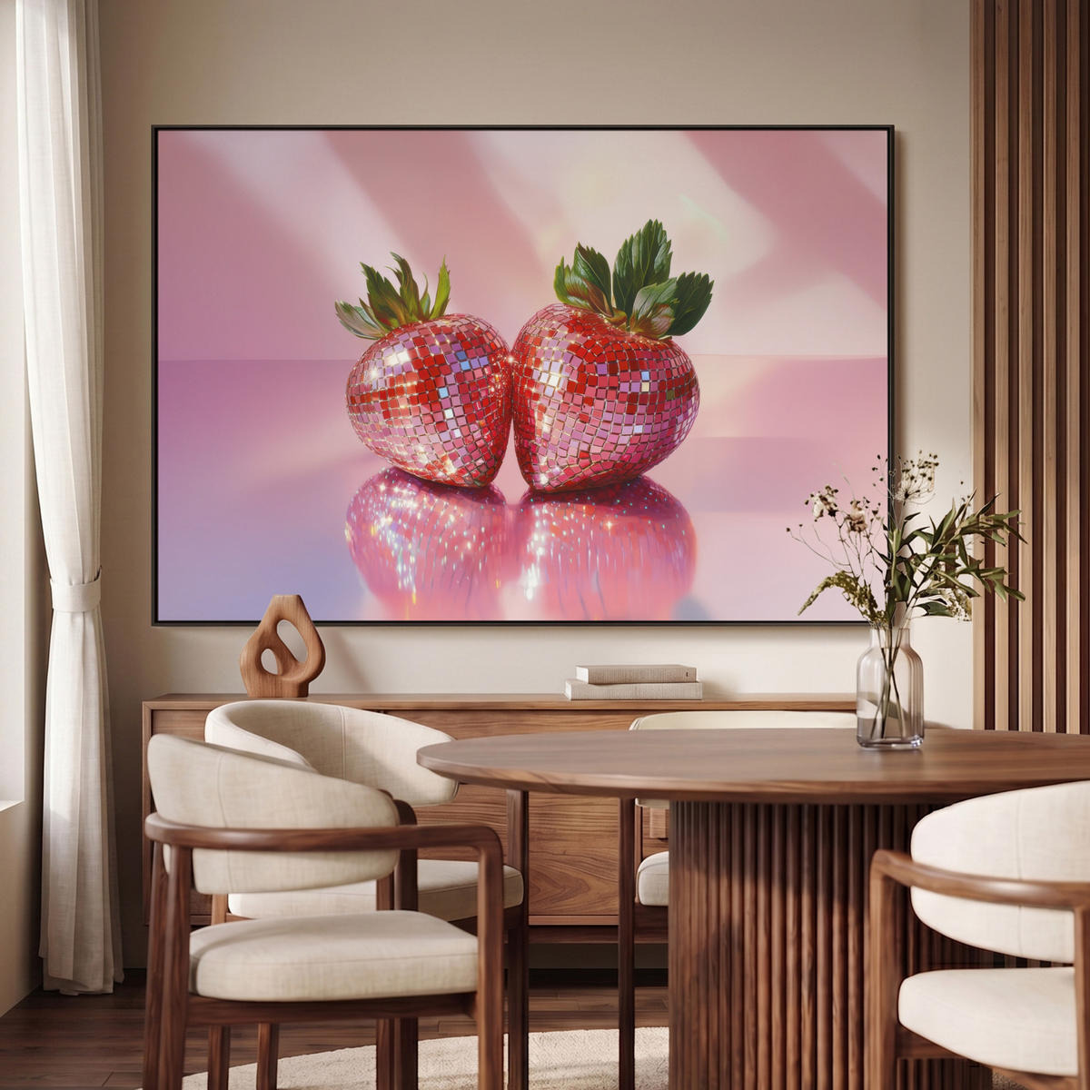 LEINWAND Bilder mit Rahmen - Disco - Obst - Glitzer - Erdbeere - 140x90 - Pink, Textil (140/90cm) - MuchoWow