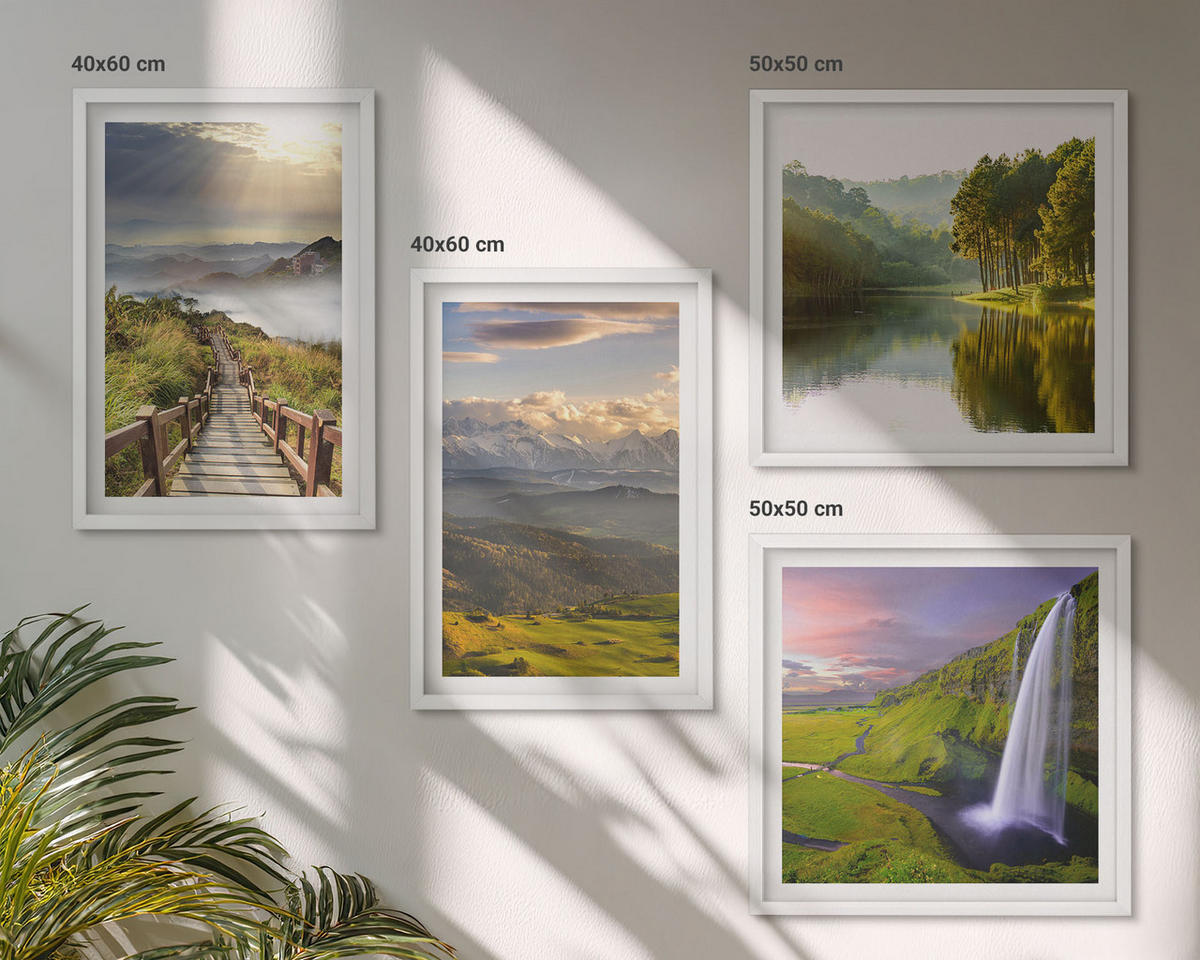 BILDER SET 4er Set - 50x50 cm & 40x60 cm Weißer Rahmen - Berglandschaften Wasserfall - Weiß, Kunststoff (50/50cm) - TULUP