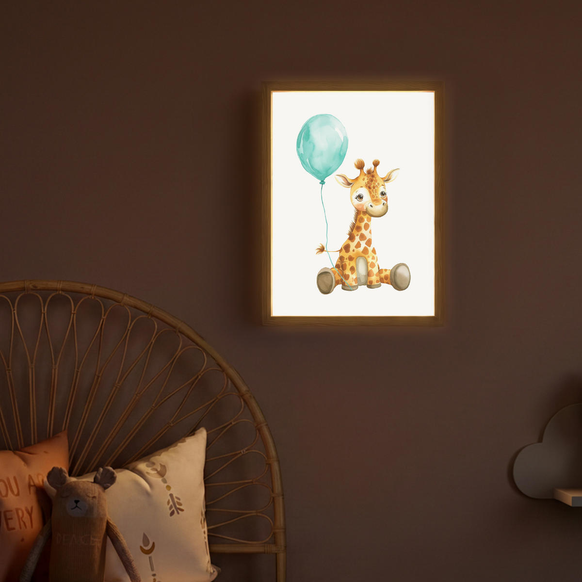 NACHTTISCHLAMPE MIT AKKU Giraffe - Baby - Tiere - Blauer Ballon 30x40 cm - Weiß, Holzwerkstoff (8/30/40cm) - OnlyWow