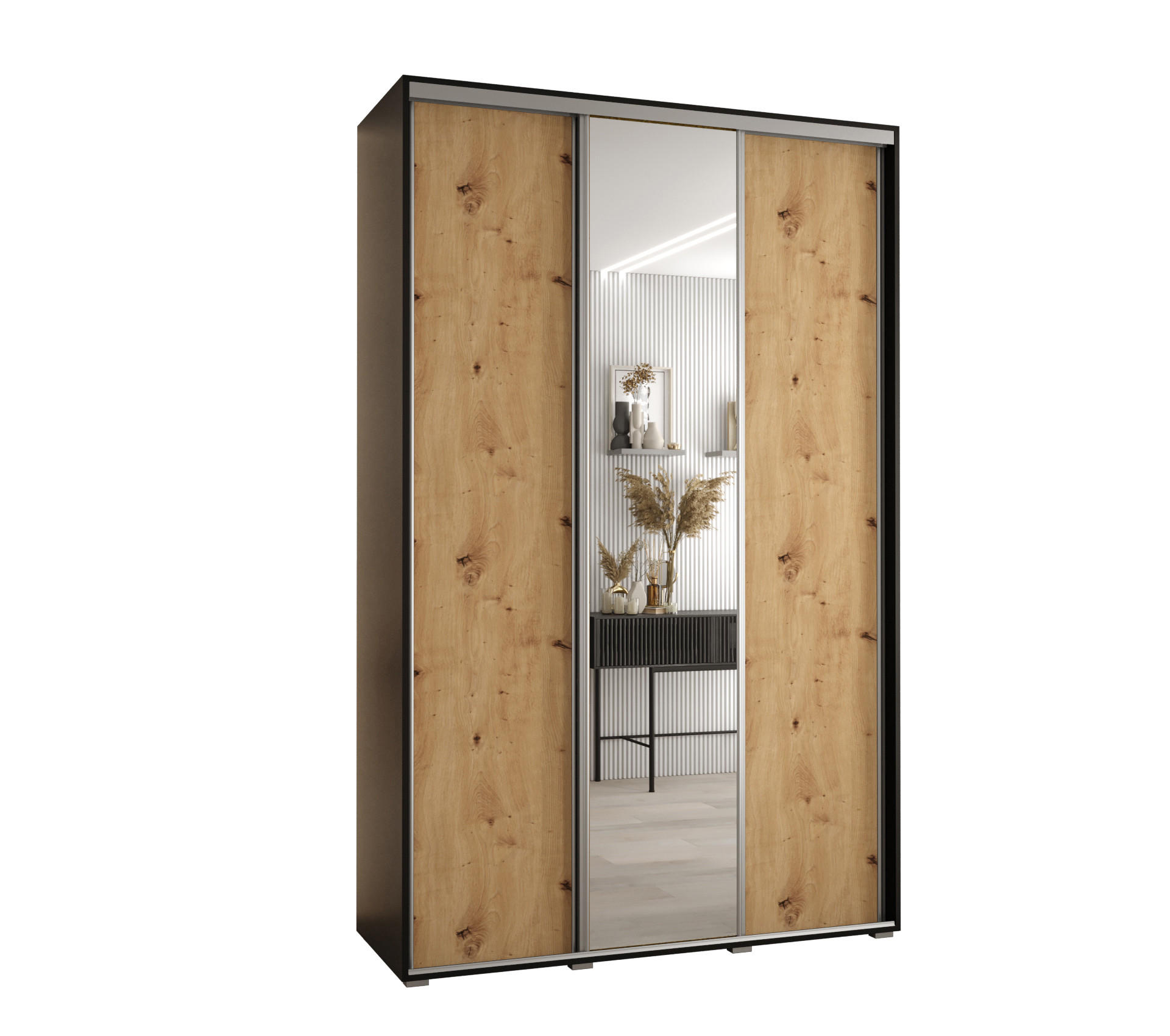 Abiks Möbel Schwebetürenschrank Schwarz, Eiche Artisan, Silber 150x235x45 cm