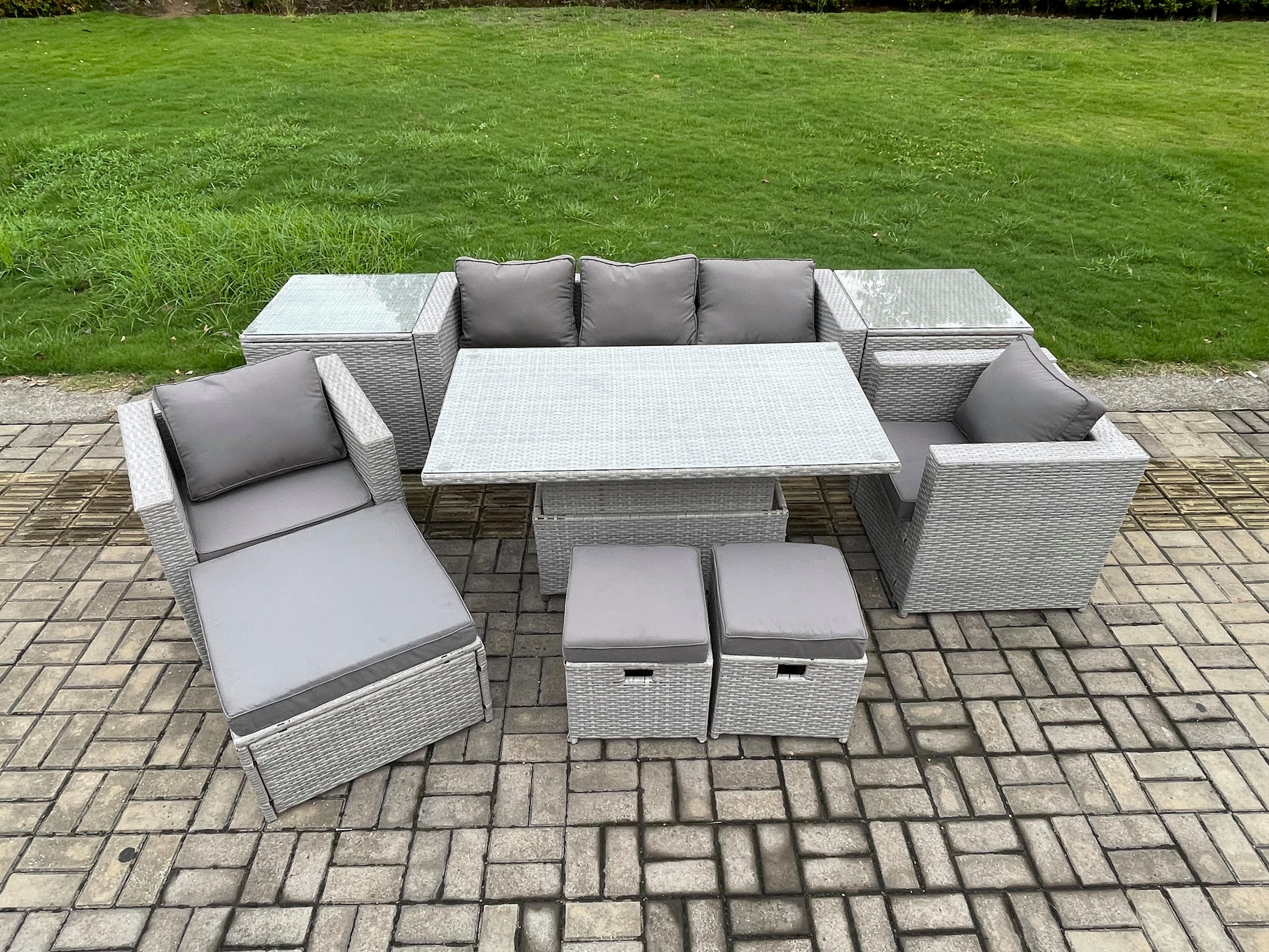 GARTENMÖBEL SET mit höhenverstellbarer Tisch Polyrattan Helles Grau 8-Sitzer - Hellgrau, Metall - Fimous