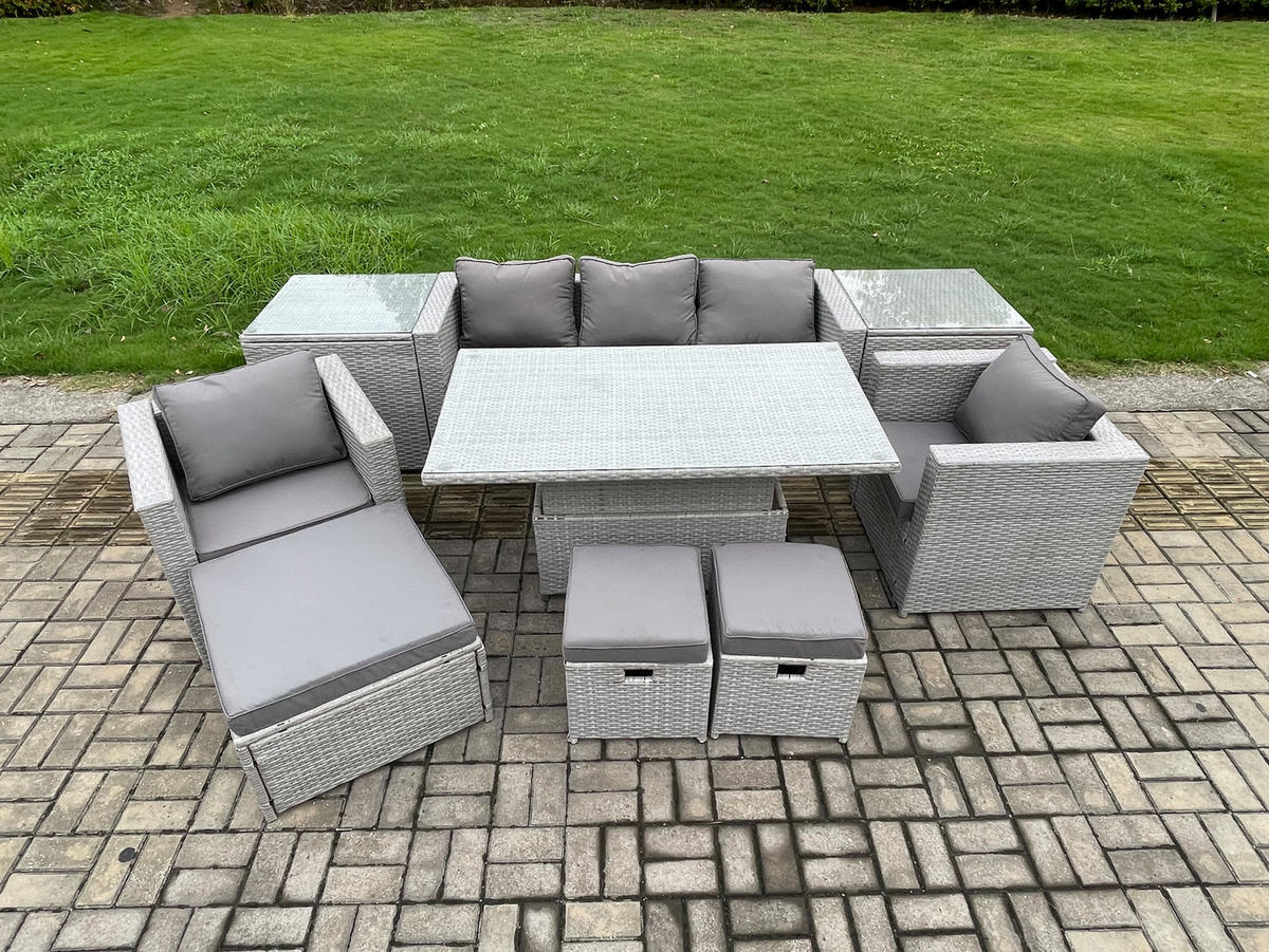 GARTENMÖBEL SET mit höhenverstellbarer Tisch Polyrattan Helles Grau 8-Sitzer - Hellgrau, Metall - Fimous