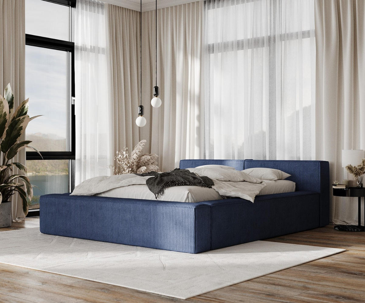 POLSTERBETT Casto mit Stauraum 140/200 cm Marineblau im Poso Stoff - Schwarz/Naturfarben, Holz/Holzwerkstoff (140/200cm) - AltaBeds