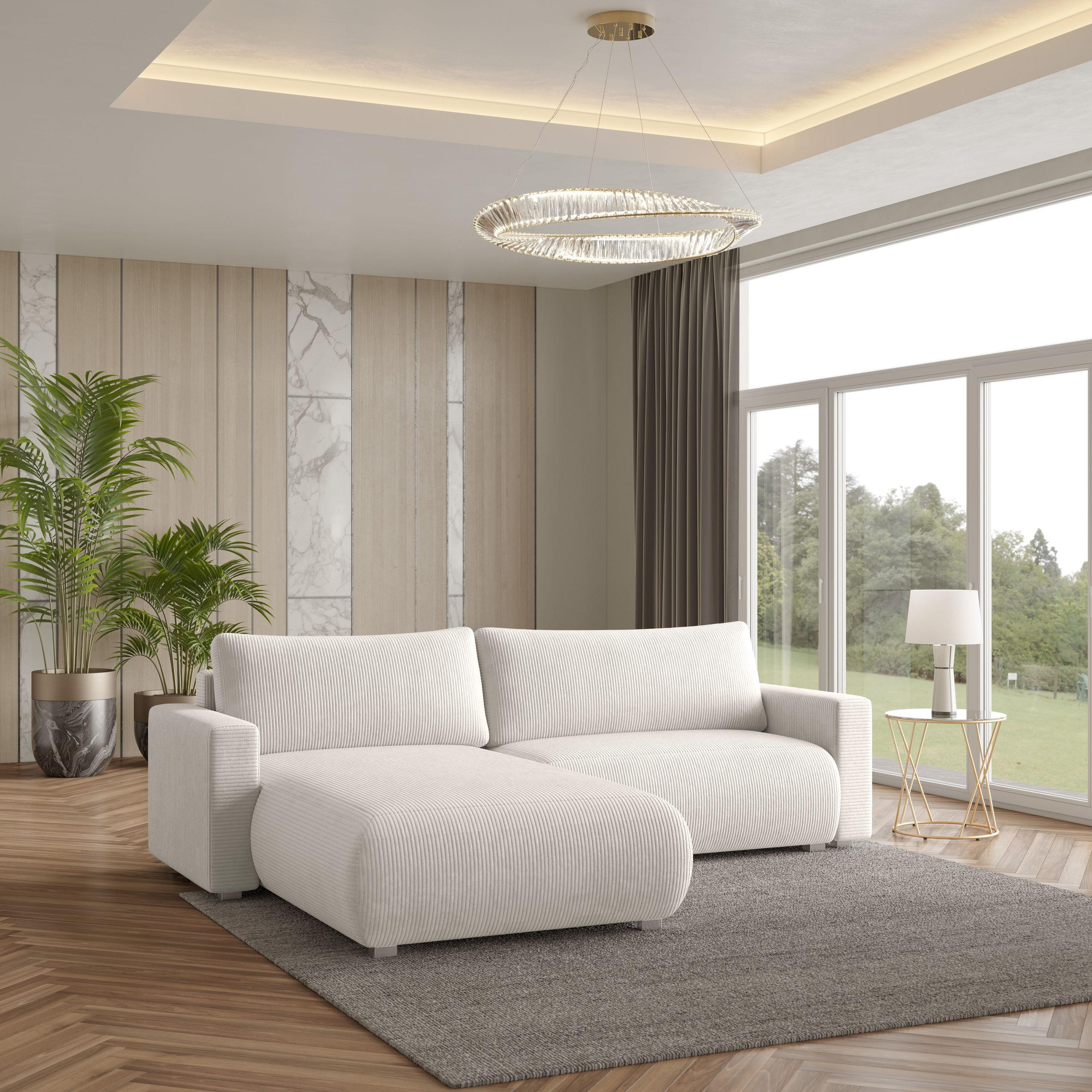 ECKSOFA TURIN P Creme Kordstoff mit Schlaffunktion - Creme, Holz (265/183cm) - MASSENO