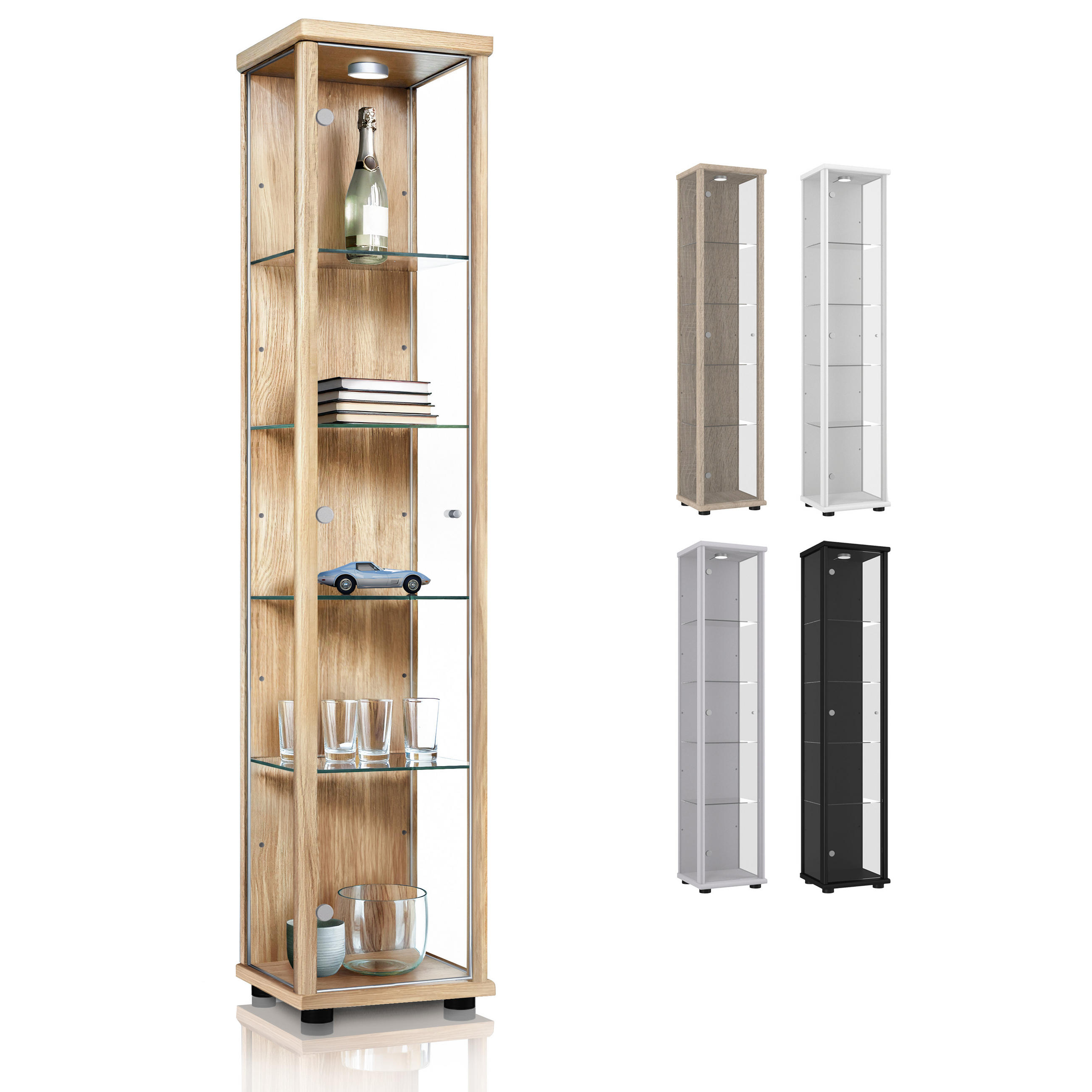 GLASVITRINE 33/37/176 cm mit LED & 4 höhenverstellbaren Glasböden - Transparent/Silberfarben, Glas/Holzwerkstoff (37/176/33cm) - K-Möbel