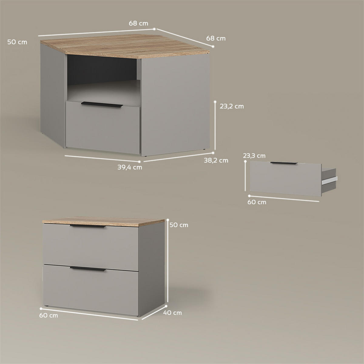 WOHNWAND Piave Greige 3 Teile - Greige, Holzwerkstoff (68/50/68cm) - Livinity®