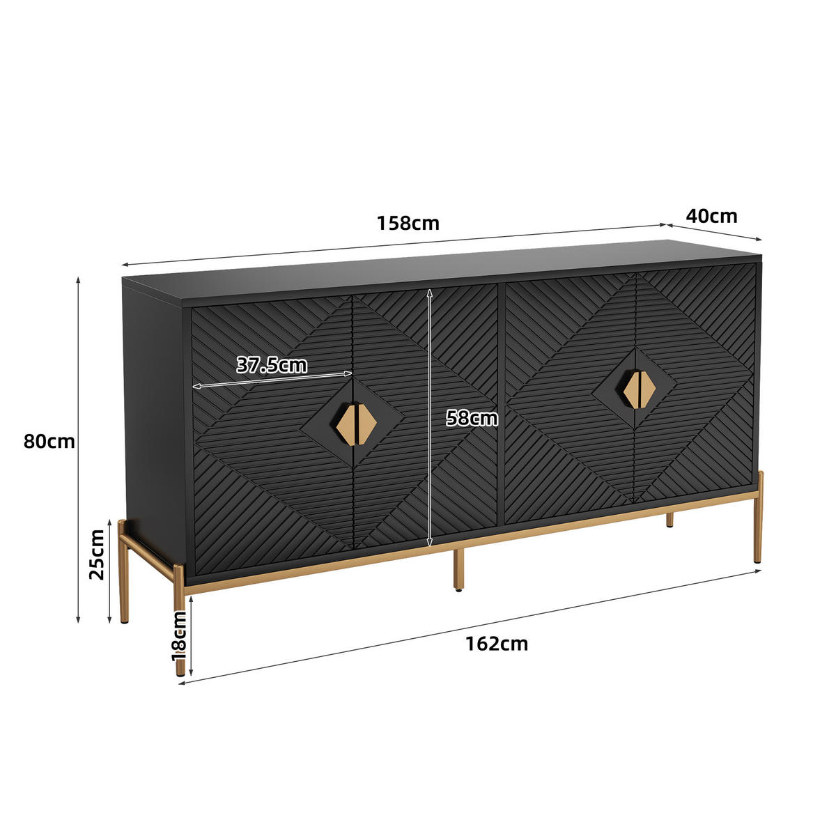 SIDEBOARD in Schwarz und Gold Anrichte mit 4 Türen und Metallgriffen für Wohnzimmer, Flur und Esszimmer, B162/T40/H80 cm - Goldfarben/Schwarz, Holzwerkstoff/Metall (162/80/40cm) - STILVORA