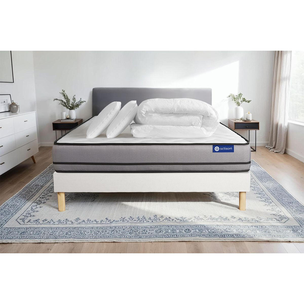 BETT Actiflex night Taschenfederkern 160 x 200 cm h4 - Kit Bettgestell Weiß - Mit Kissen und Bettdecke - Beige/Weiß, Karton/Holz (160/200cm) - ACTISOM