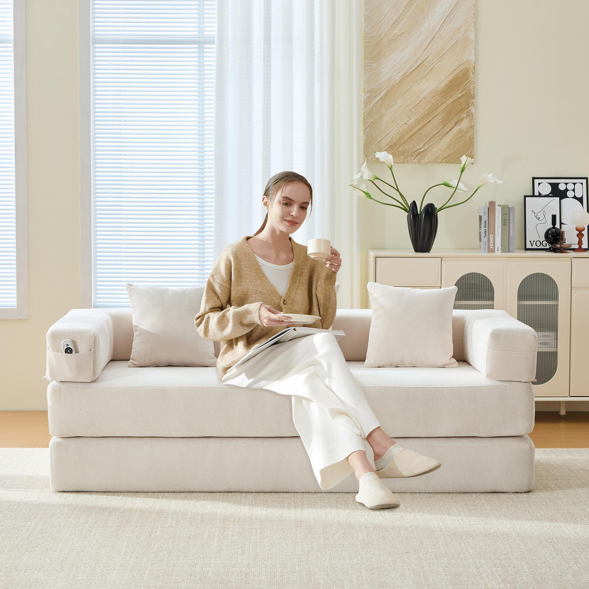 3-SITZER SOFA Chenille Beige mit Seitentaschen, Reißverschluss und rutschfester Unterseite - Beige, Holzwerkstoff/Textil (198/60/79cm) - WISHDOR
