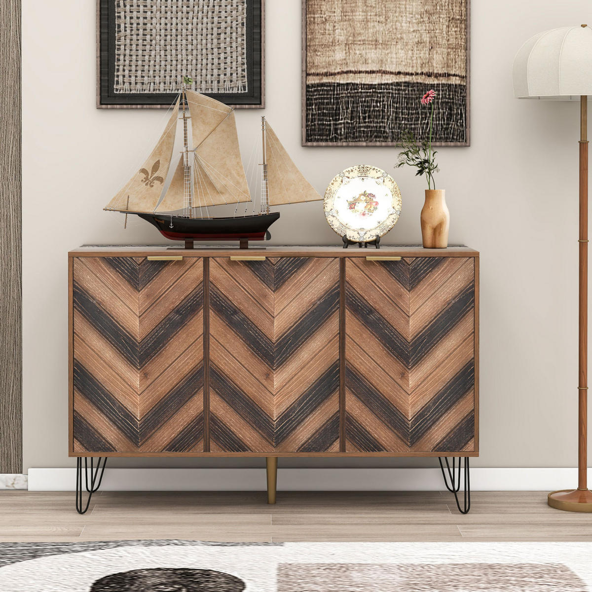 SIDEBOARD 3 Türen, 6 Fächer, Holzfront, für Küche - Kastanienfarben, Holz (120/76/38cm)