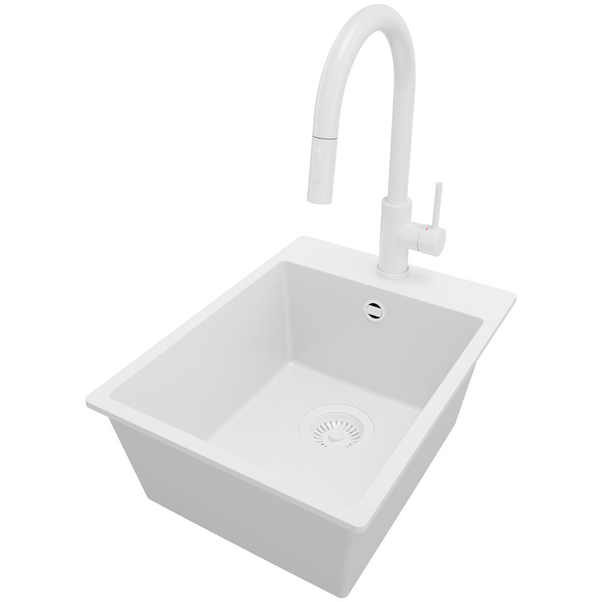 GRANITSPÜLE Riga, 2-er set Alles Weiß 38/50 cm 1 Becken + Küchenarmatur 40/20 cm + Ablauf-Set ab 40er Unterschrank - Weiß, Kunststoff (38/20/50cm) - Primagran