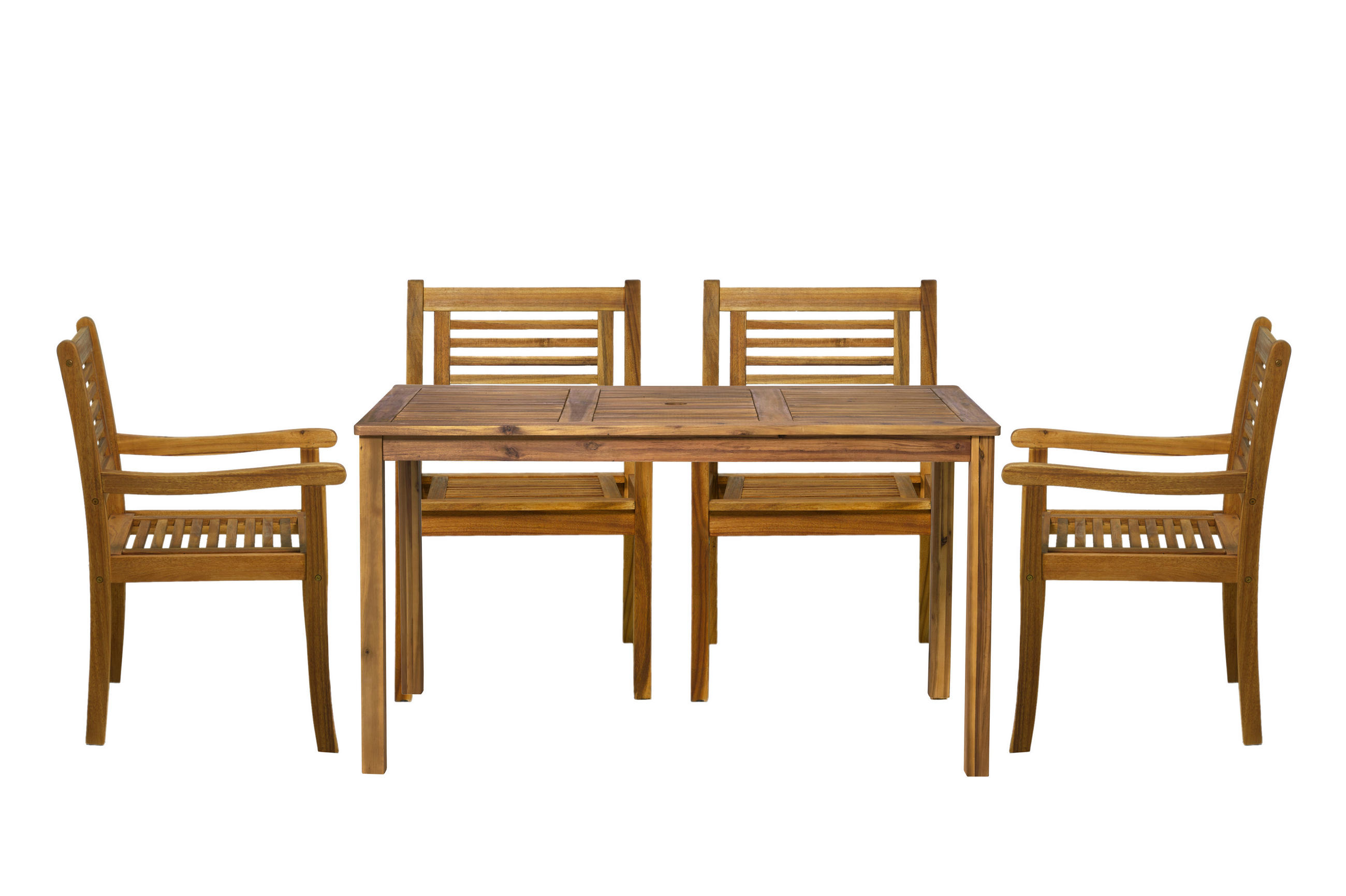 SITZGRUPPE Akana mit 4 Stühlen und 1 Tisch mit Schirmloch - 135x80 cm - Akazienholz geölt - Naturfarben, Holz - TPFGarden