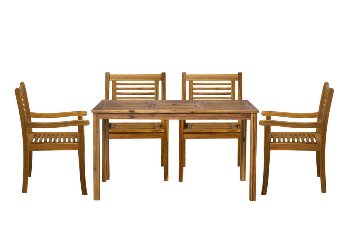 SITZGRUPPE Akana mit 4 Stühlen und 1 Tisch mit Schirmloch - 135x80 cm - Akazienholz geölt - Naturfarben, Holz - TPFGarden