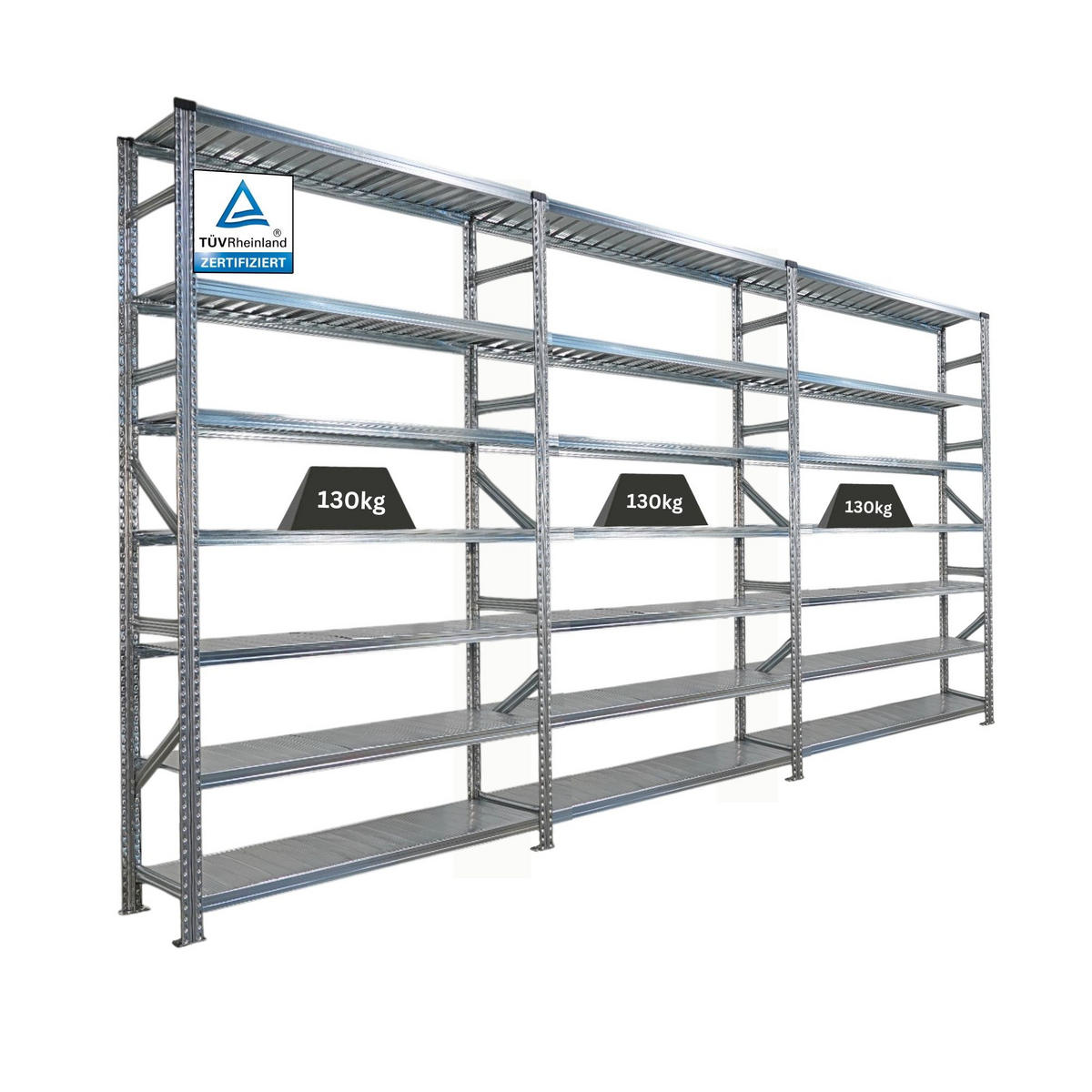 FACHBODENREGAL Proximo Stecksystem 250x450x50cm 7 Ebenen Beidseitig nutzbar Verzinkt - Silberfarben, Metall (450/250/50cm) - PROREGAL