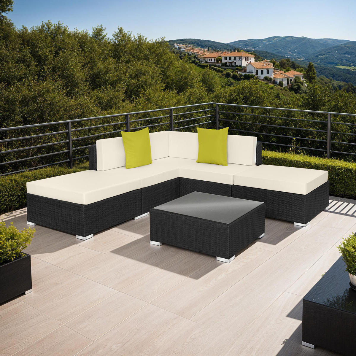 RATTANLOUNGE Paris,mit Sicherheitsglasplatte,schwarz - Schwarz, Kunststoff - tectake