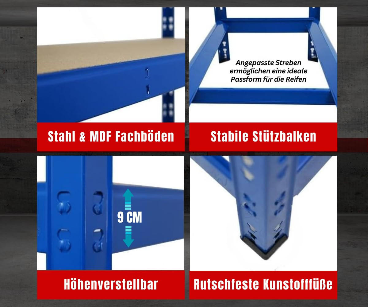 REIFENREGAL Tiger 180x120x40 cm bis zu 12 Reifen auf 2 Ebenen + 2 Ablagen Blau - Blau, Metall (120/180/40cm) - PROREGAL