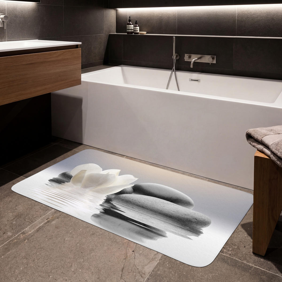 KOUPELNOVÁ PŘEDLOŽKA Kameny - Lotos - Bílý - Voda - Zen 120x60 cm - bílá, textil/plast (120/60cm) - OnlyWow