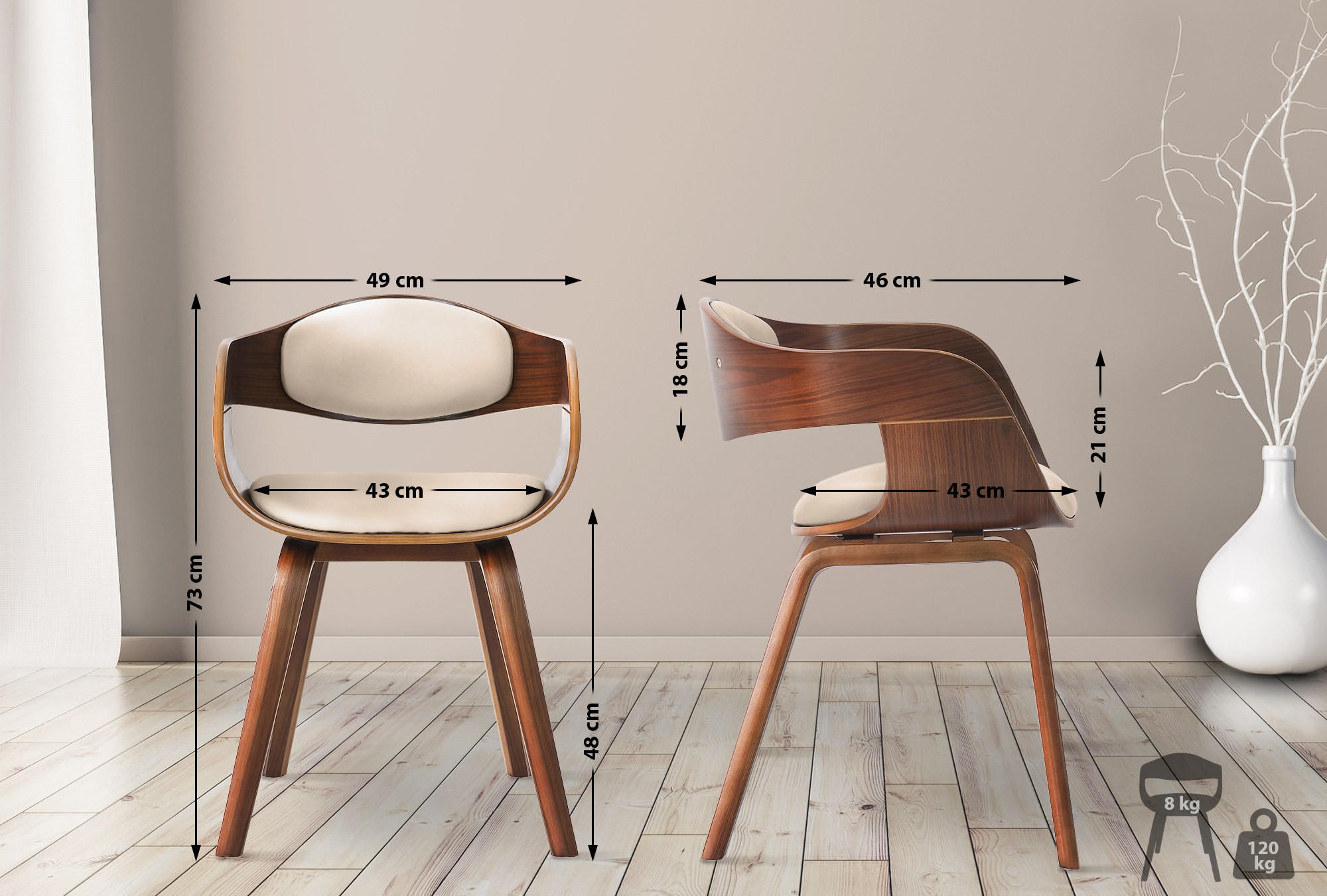 ARMLEHNENSTUHL 2er Set Lederlook Walnuss/Creme - Walnussfarben/Creme, Holz/Textil (49/73/46cm) - CLP