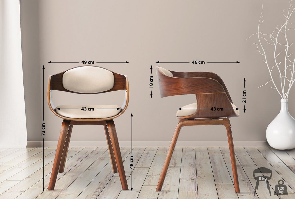 ARMLEHNENSTUHL Lederlook Walnuss/Creme - Walnussfarben/Creme, Holz/Textil (49/73/46cm) - CLP