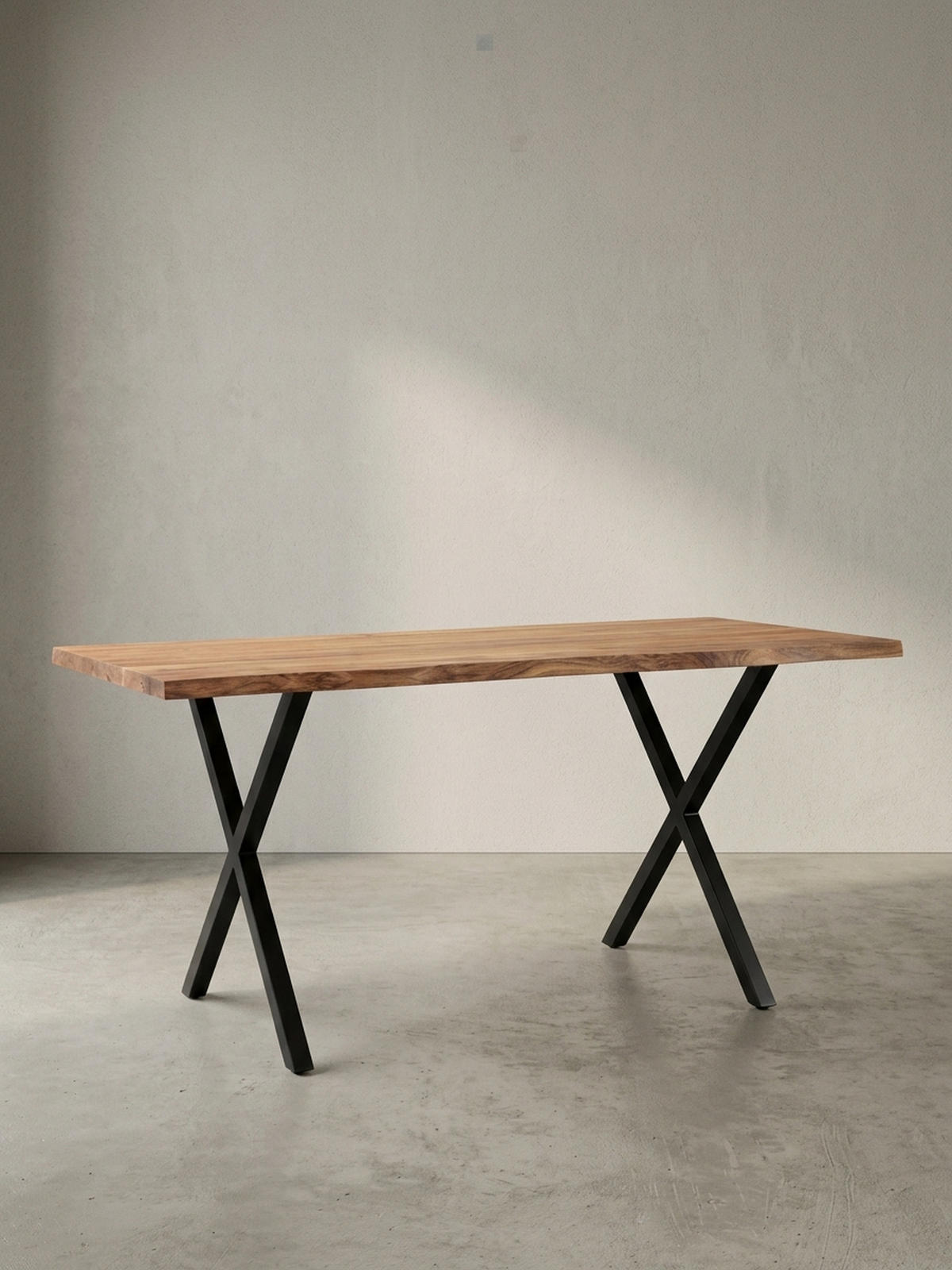 SCHREIBTISCH Massivholz X-Gestell Baumkante Handgefertigt KRETA, Goldbraun-Schwarz 200x100x76 cm - Schwarz/Braun, Holz/Metall (100/200/76cm) - KADIMA DESIGN
