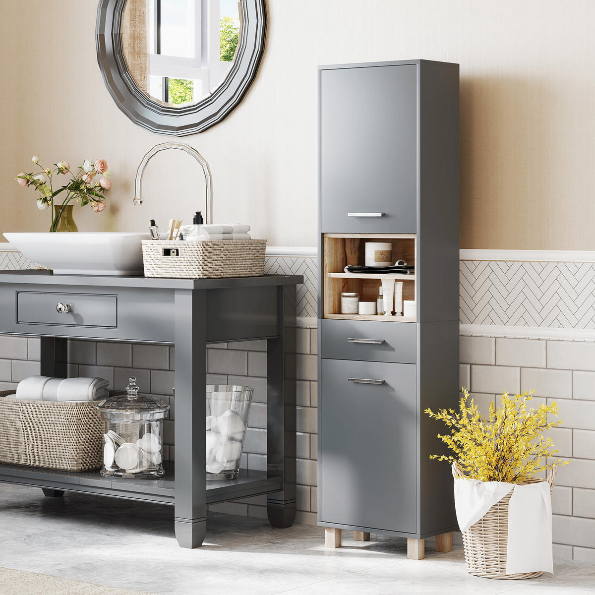 HOCHSCHRANK DE-12439 40/24/160 cm Grau - Grau, Holzwerkstoff (24/160/40cm) - ComfortXL